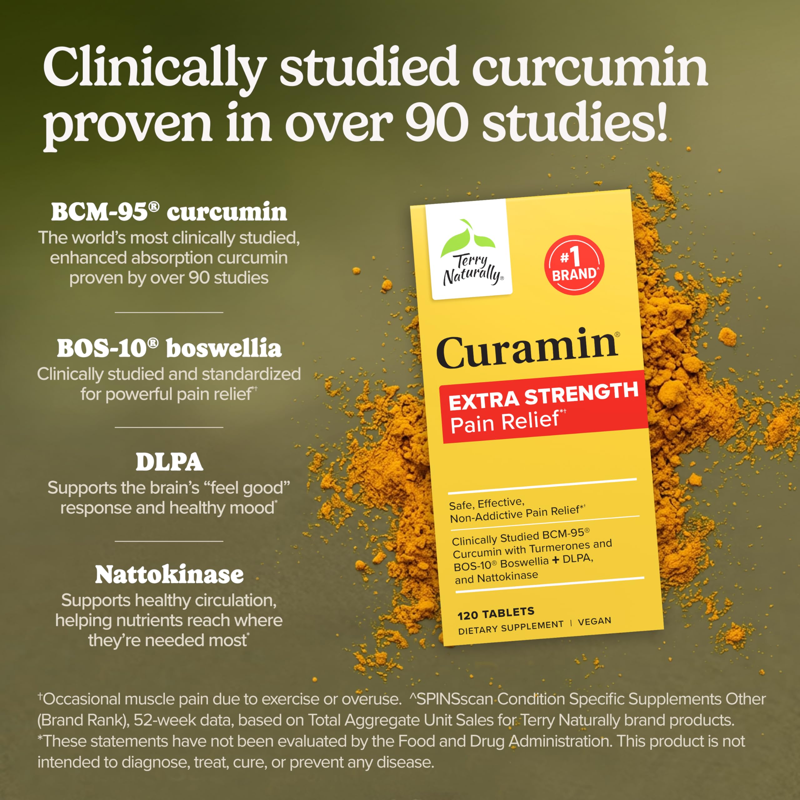 Ingredientes principales Curamin Terry Naturally: curcumina, boswellia y DLPA visibles