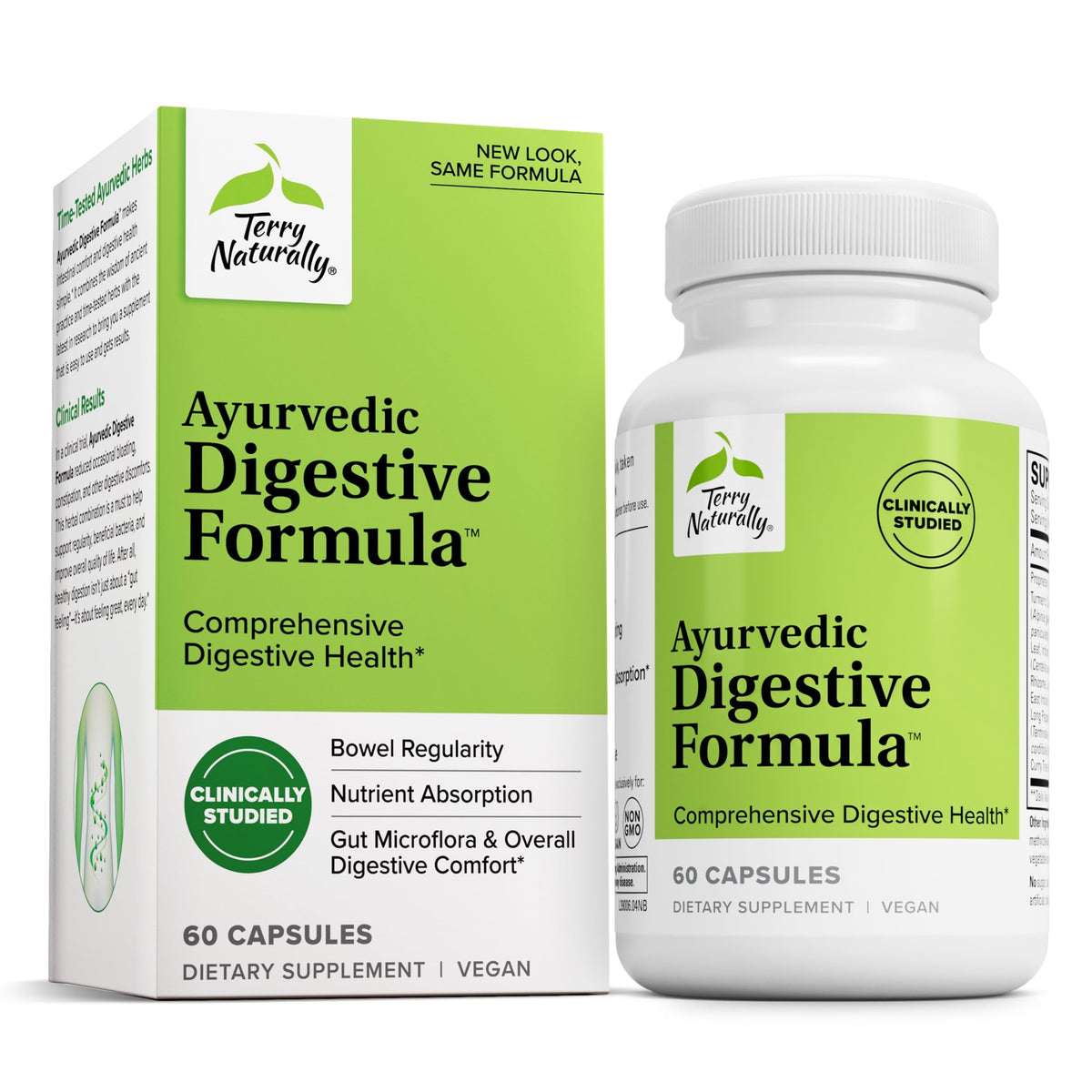 Terry Naturally vista frontal del frasco mostrando envase y beneficio de apoyo digestivo