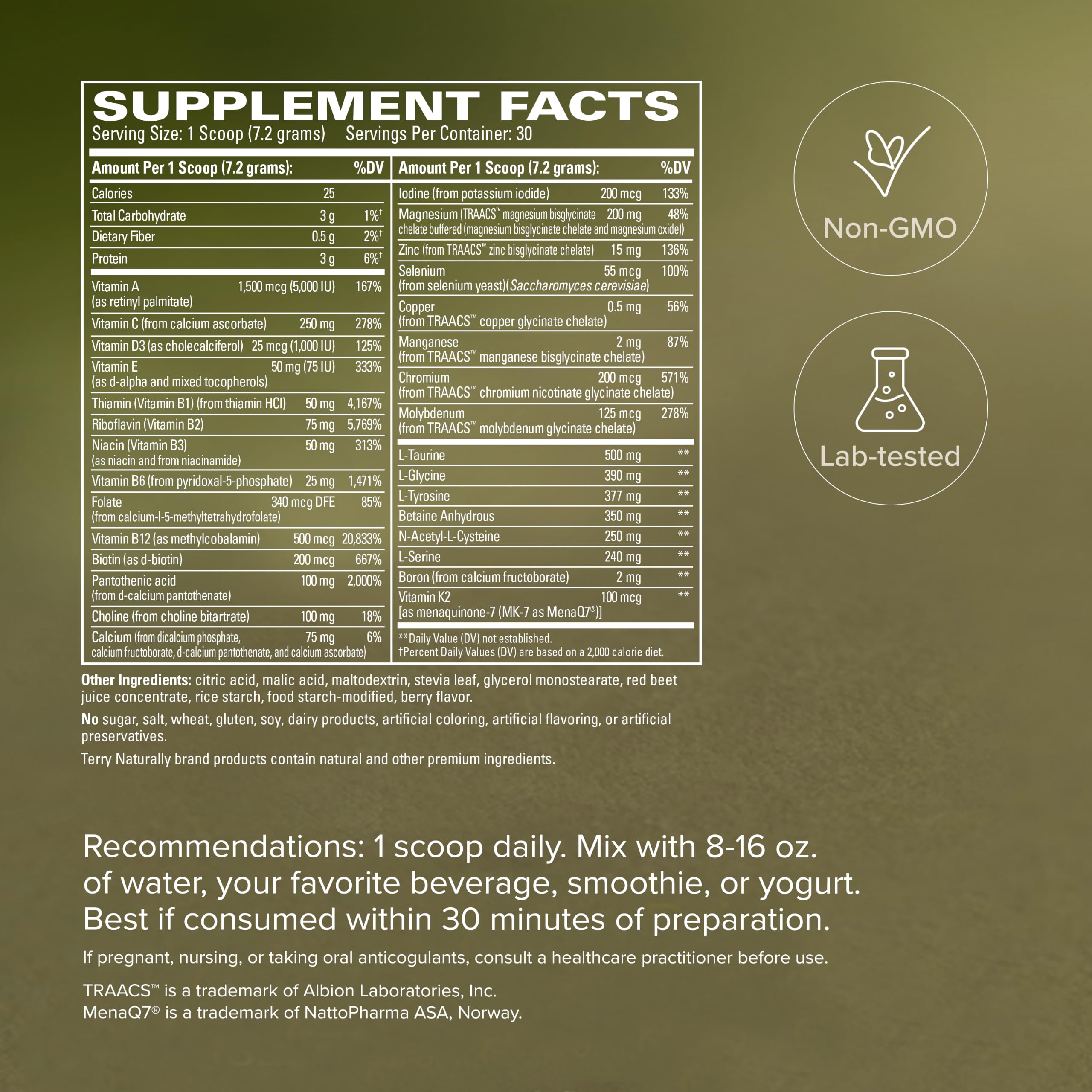 Terry Naturally etiqueta de ingredientes y datos nutricionales para transparencia