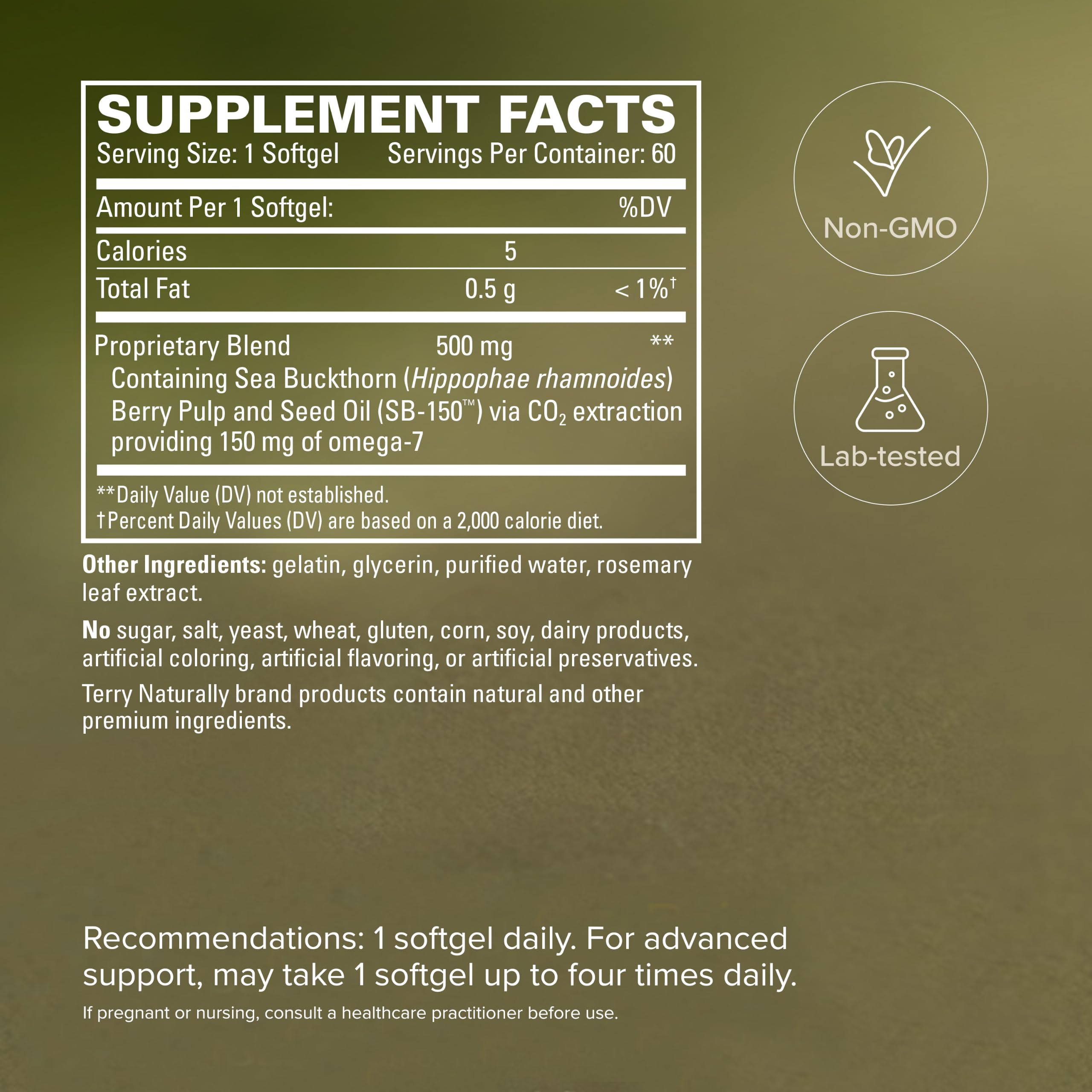 Terry Naturally Omega-7 etiqueta con ingredientes y beneficios visibles