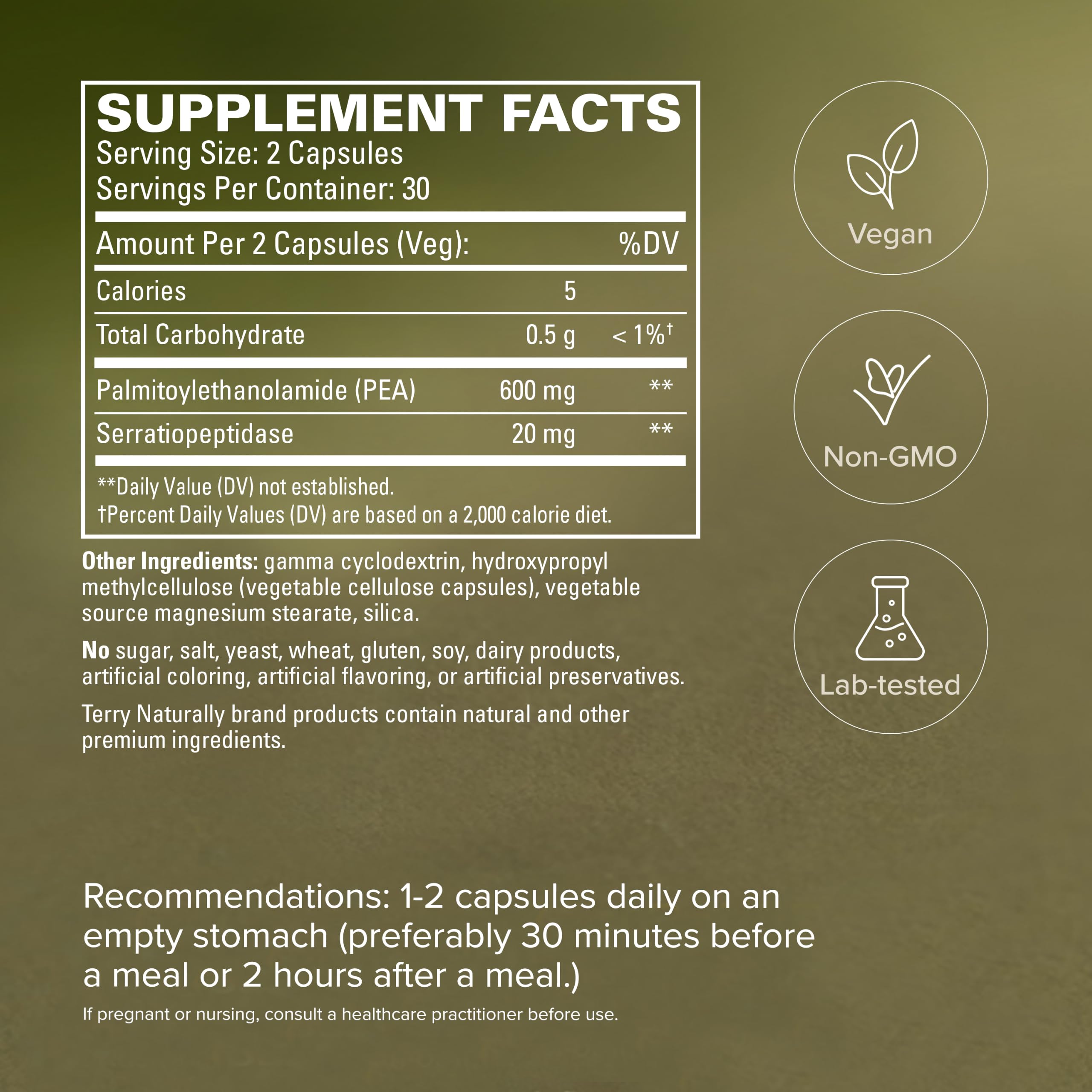 Terry Naturally etiqueta con ingredientes destacando ausencia de gluten y lácteos