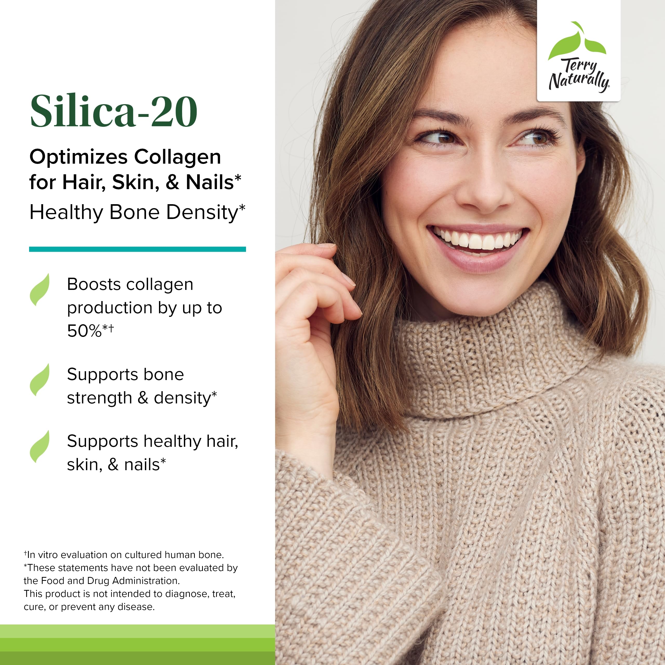 Terry Naturally Silica-20 primer plano de una tableta para ver tamaño y forma