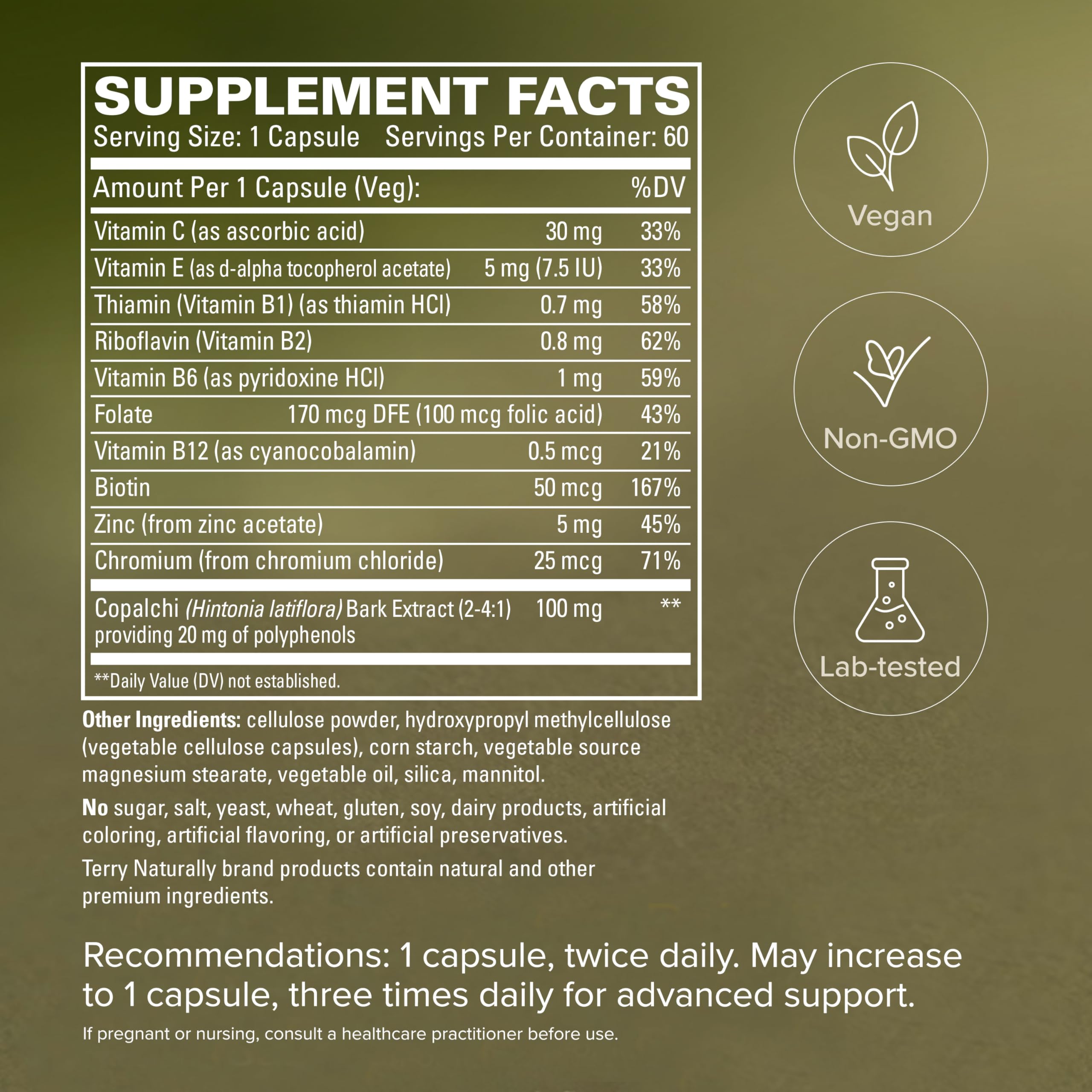 Terry Naturally Sucontral D enfoque en ingredientes activos para destacar complejo B, folato, zinc y cromo