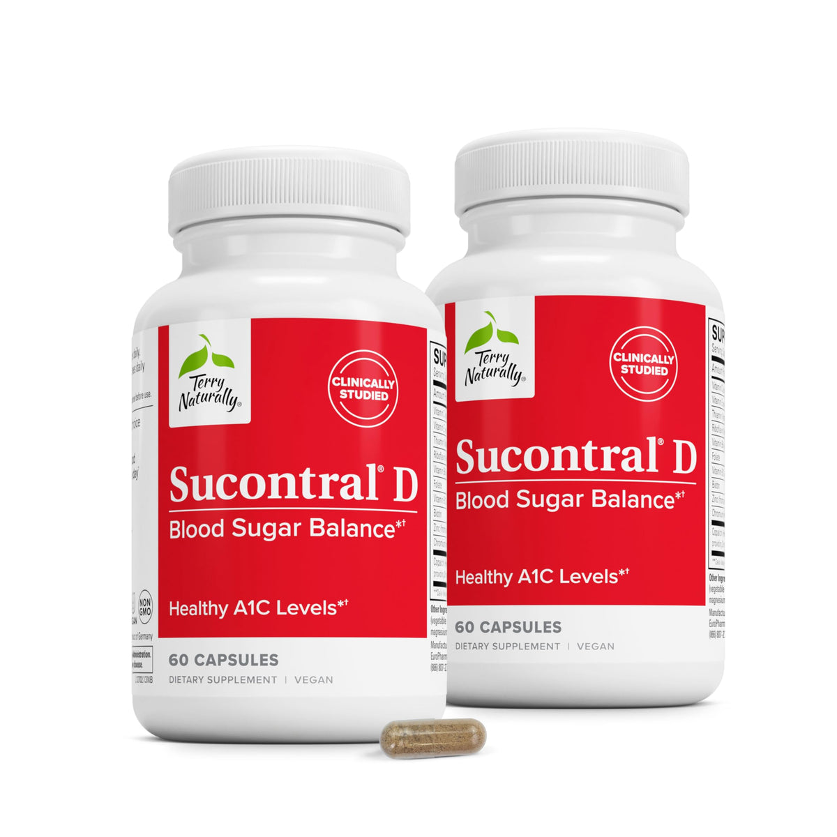 Terry Naturally Sucontral D vista frontal del empaque mostrando pack dos frascos y beneficio de suministro prolongado