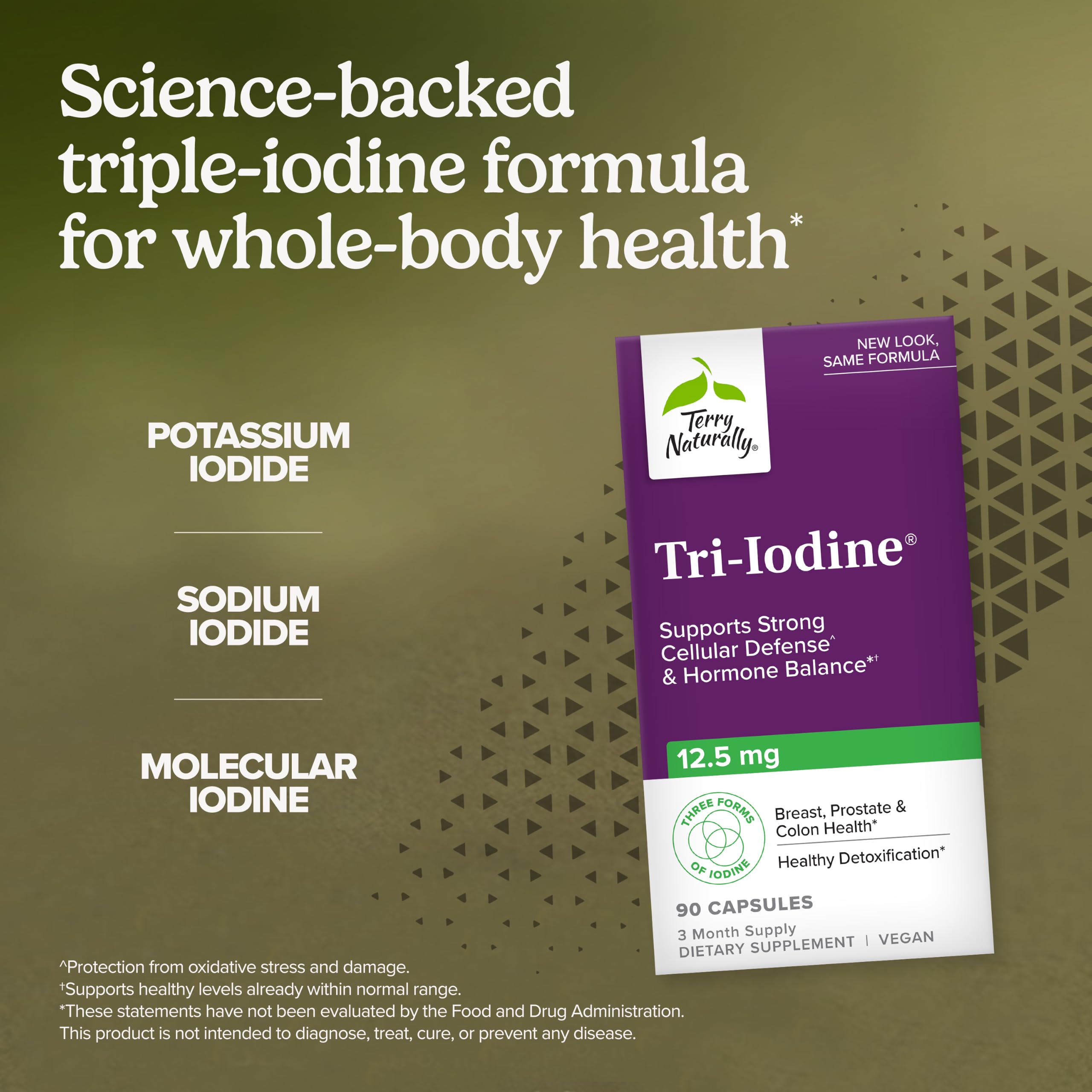 Terry Naturally Tri‑Iodine botella abierta con cápsulas visibles, conveniencia de suministro