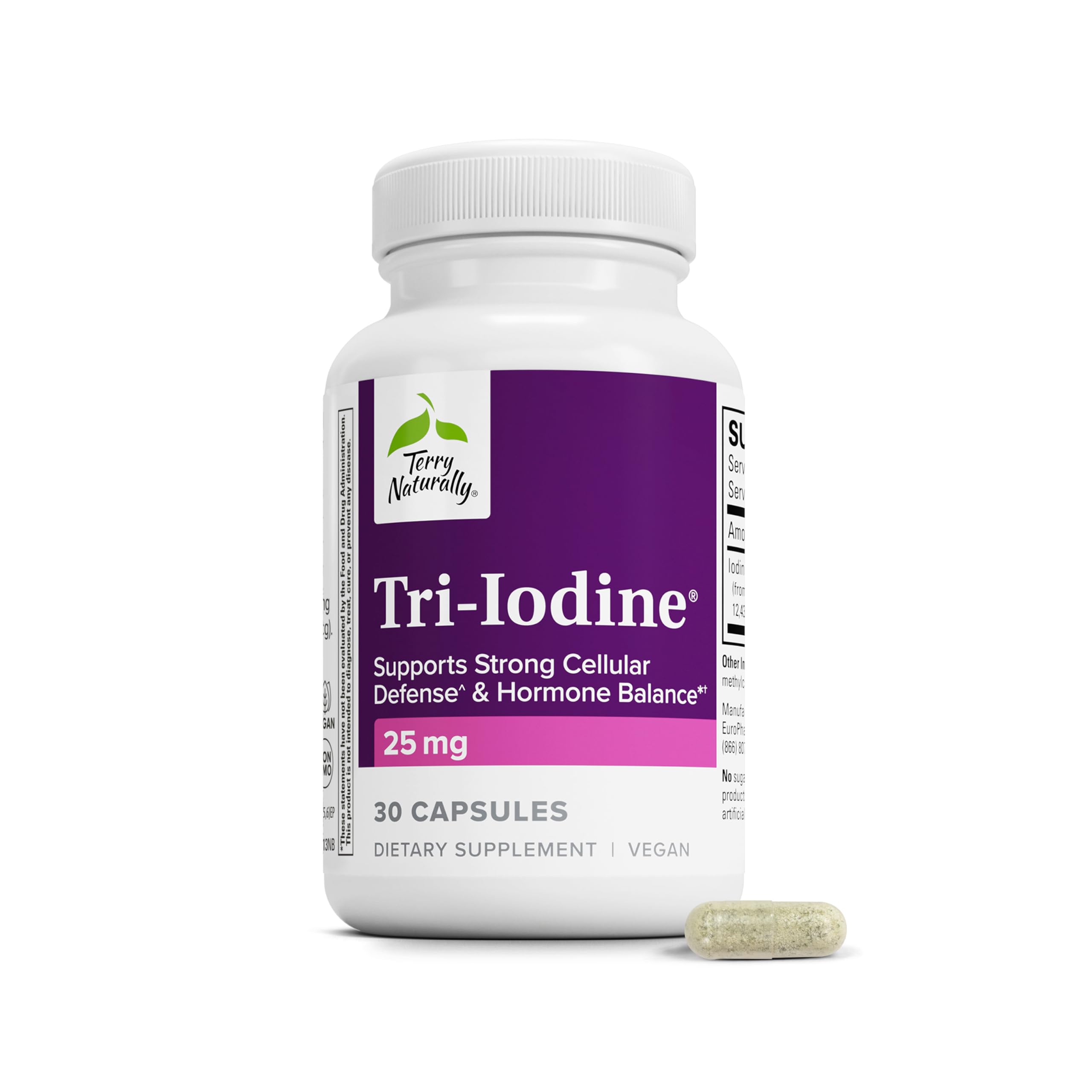Terry Naturally Tri-Iodine frente del empaque mostrando formato y beneficio clara