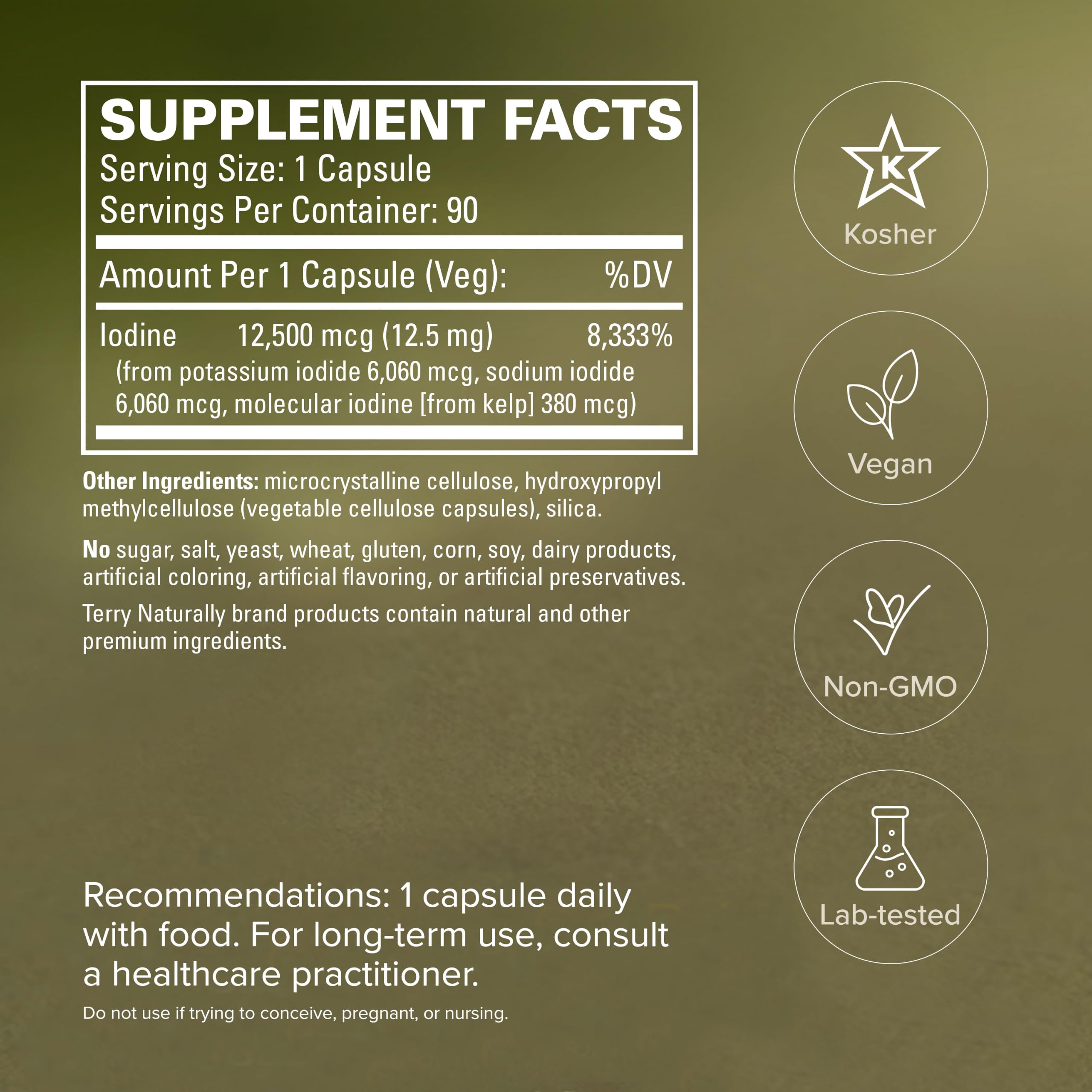 Terry Naturally Tri‑Iodine comparación de tamaño con moneda, referencia de escala