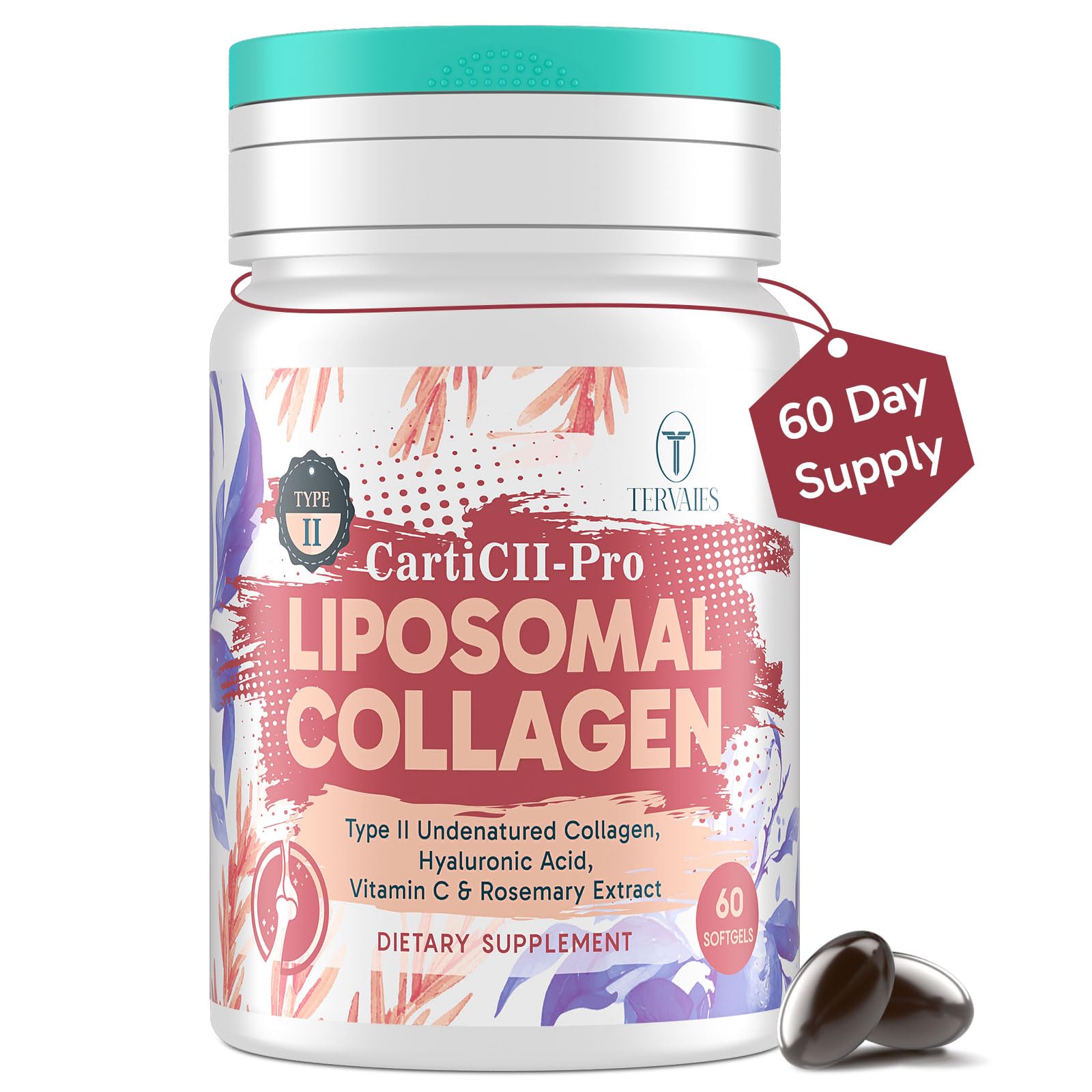 Tervaies frasco delante mostrando 60 softgels para apoyo articular y piel