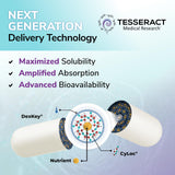 Tesseract AuRx polvo mezclado en vaso demostrando solubilidad mejorada