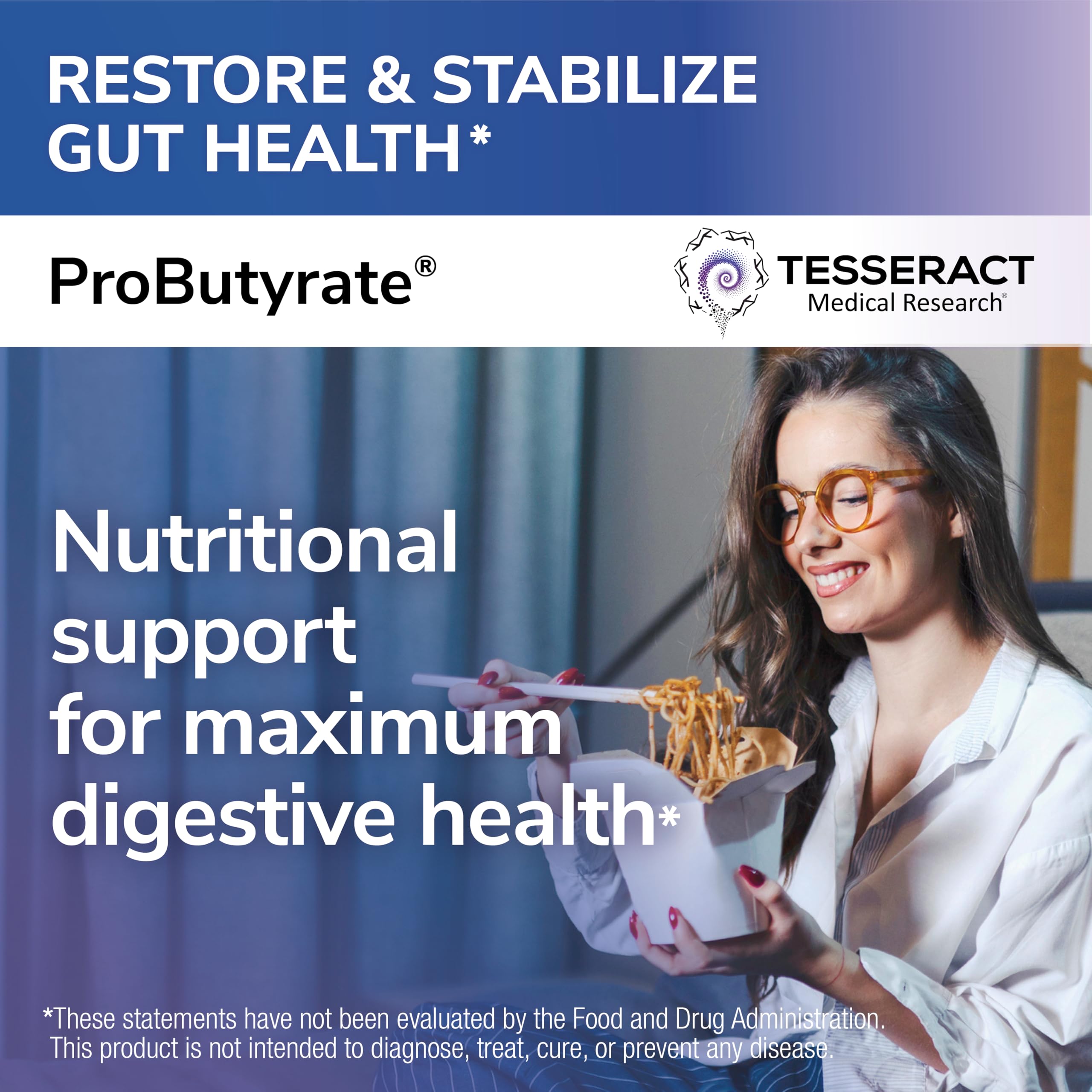 Detalle de la etiqueta Tesseract ProButyrate resaltando tecnología y dosificación clara