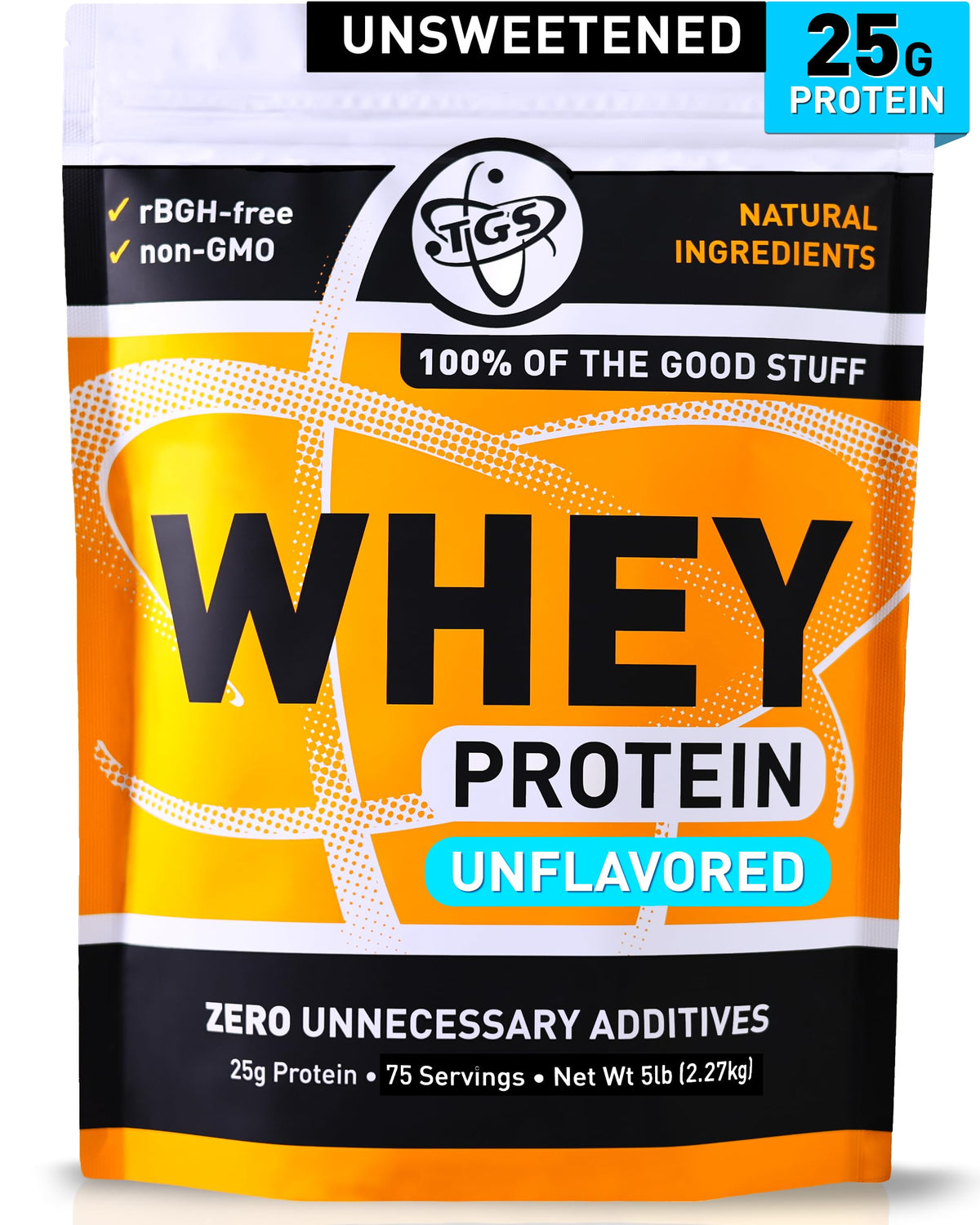TGS Nutrition empaque frontal mostrando 5 lb y sin sabor