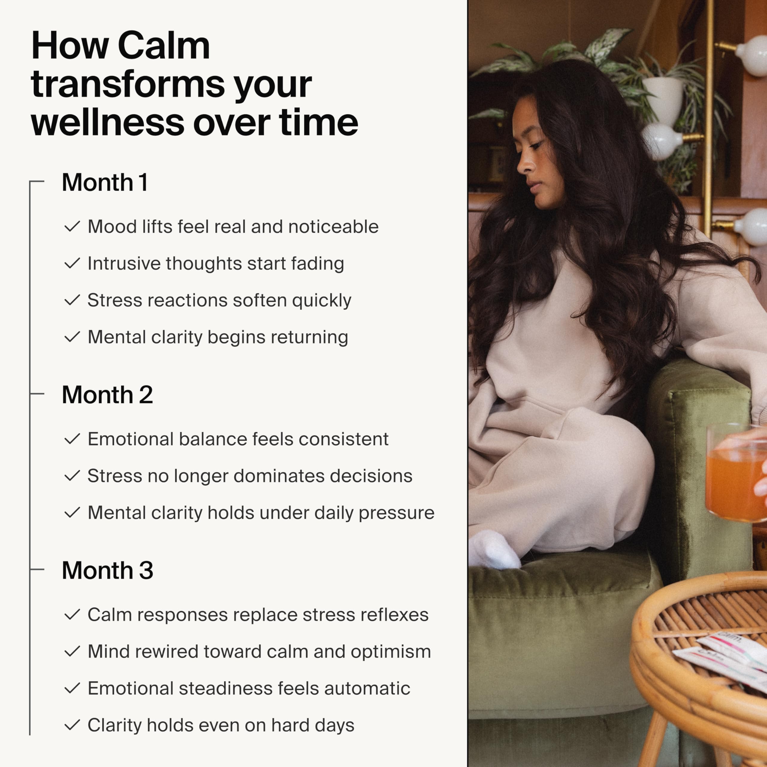 The Absorption Company comparación de tamaño Calm junto a smartphone, formato práctico