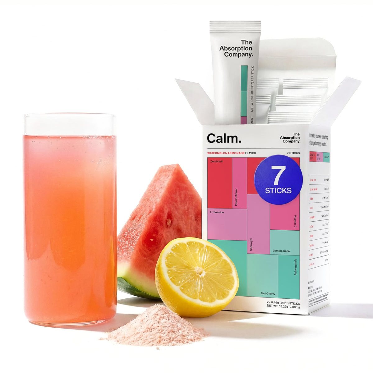 The Absorption Company frontal del paquete Calm, presenta beneficio portátil