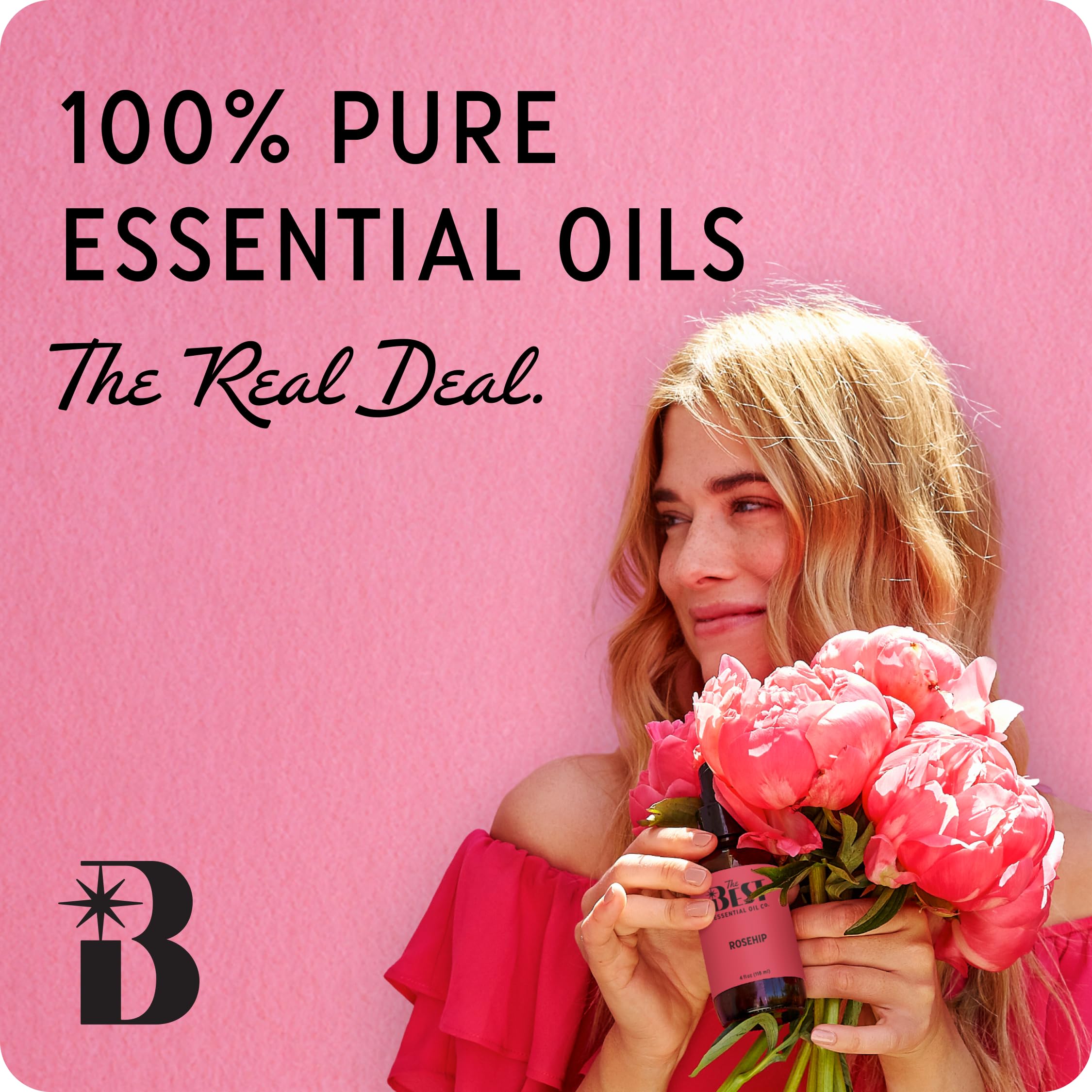 The Best Essential Oil Co etiqueta legible con ingredientes y beneficios