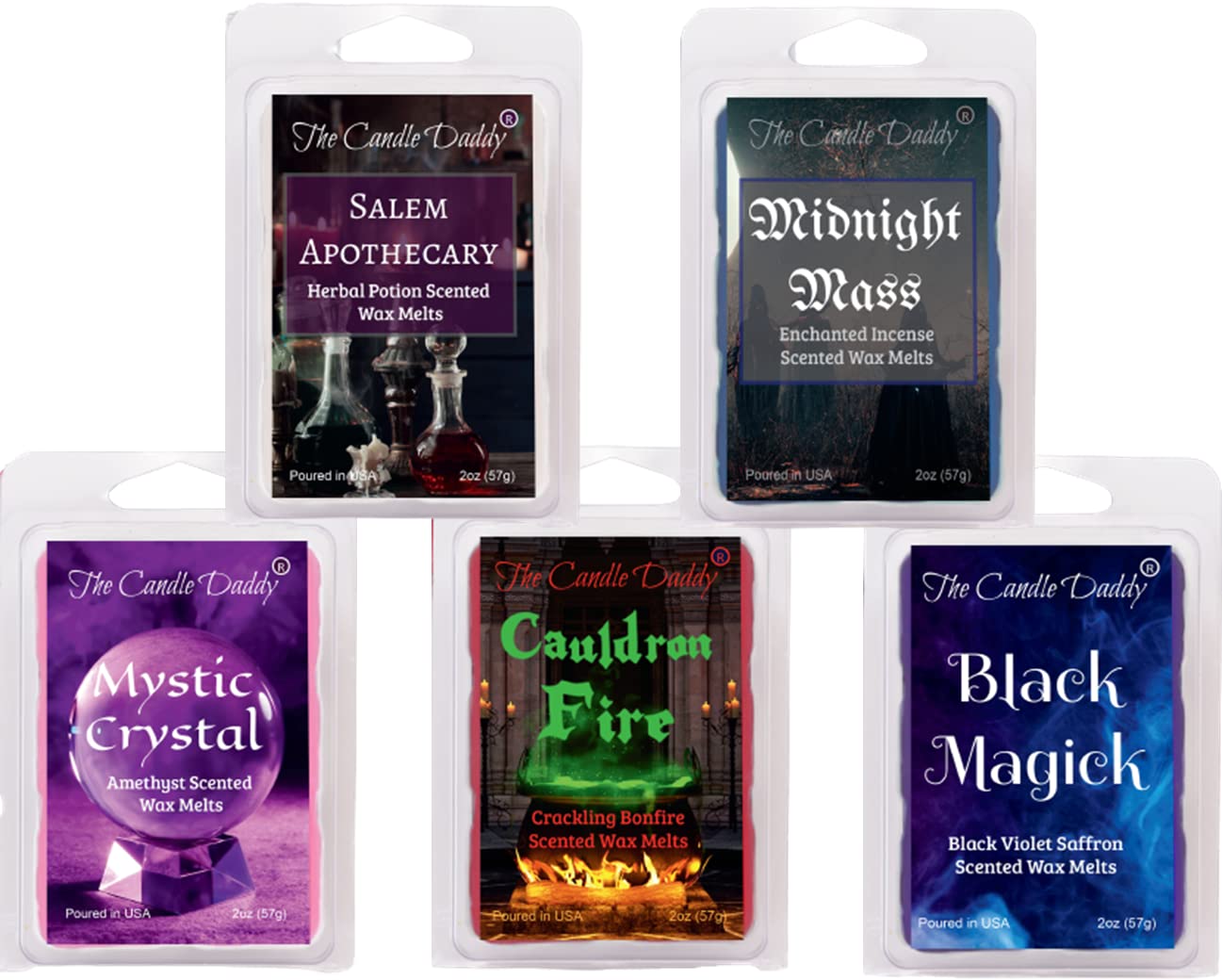 The Candle Daddy embalaje frontal mostrando set de 5 wax melts y beneficios de variedad