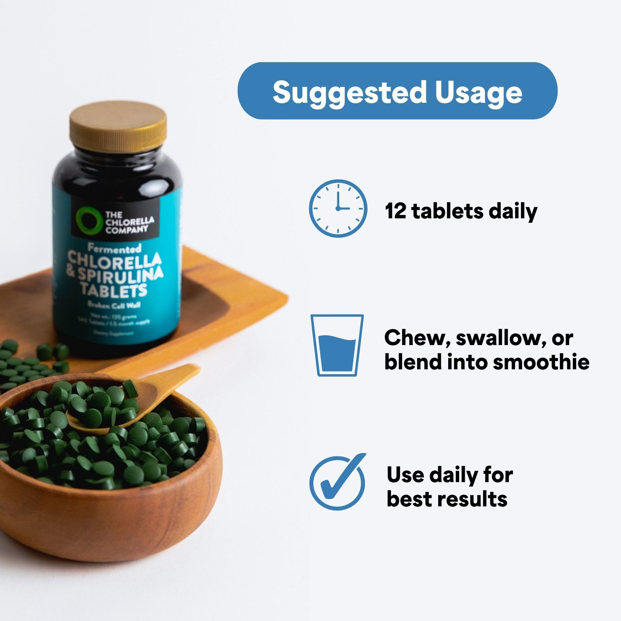 The Chlorella Company tabletas mezcladas en batido fácil de integrar en rutina