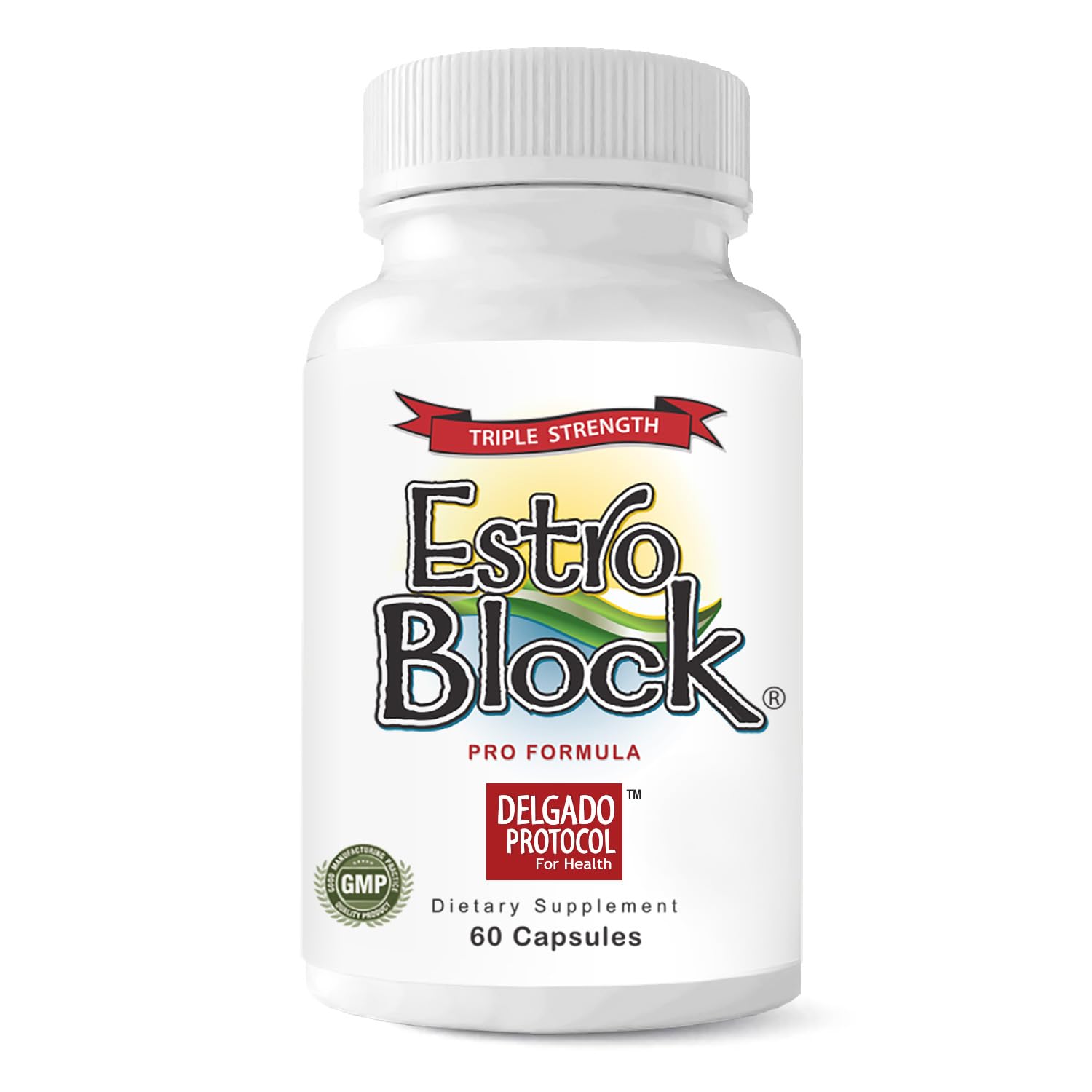 The Delgado Protocol for Health: envase Estroblock PRO frente mostrando etiqueta clara y beneficios