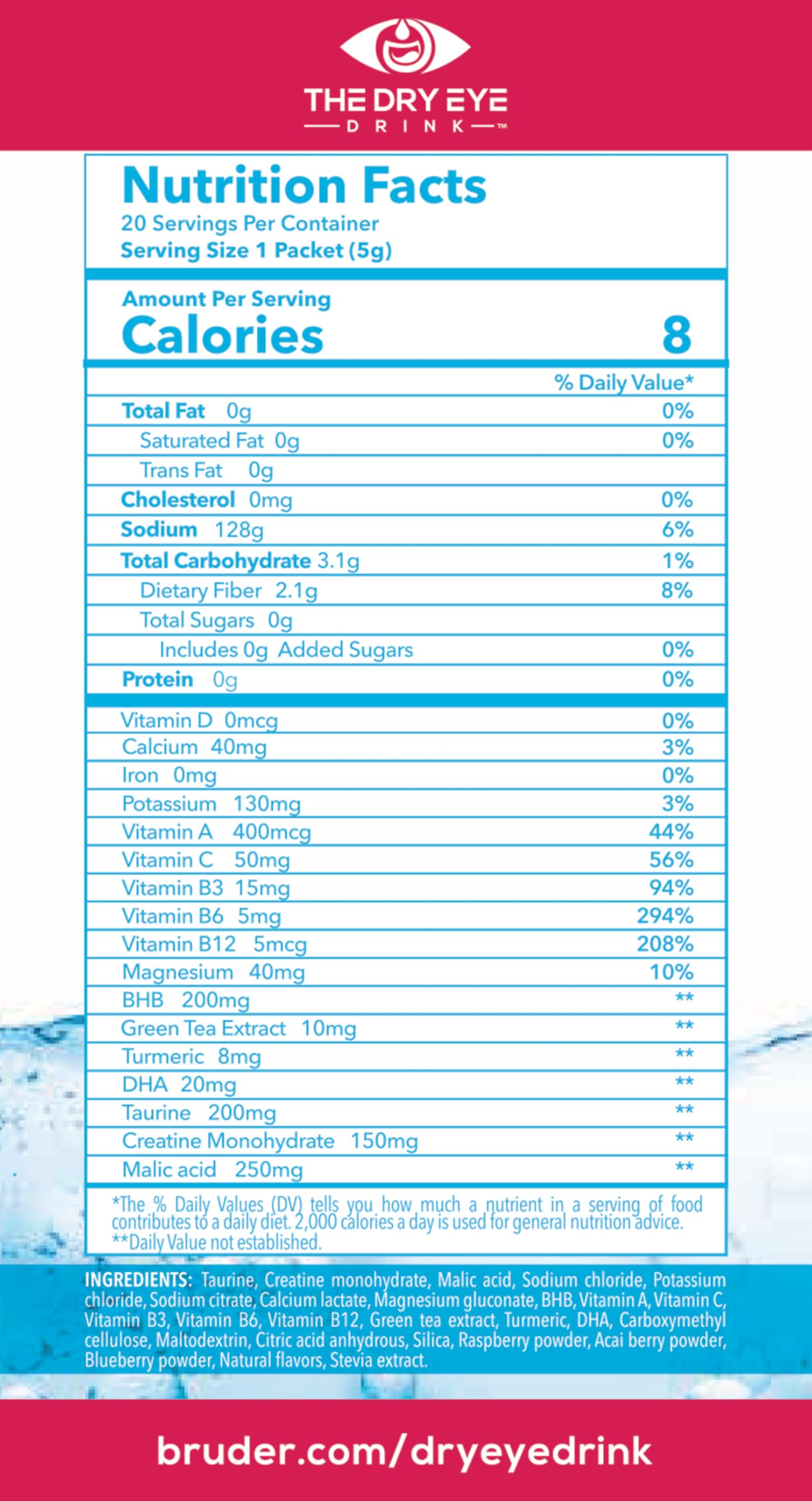 The Dry Eye Drink con frutos rojos y agua demostrando sabor natural y frescura