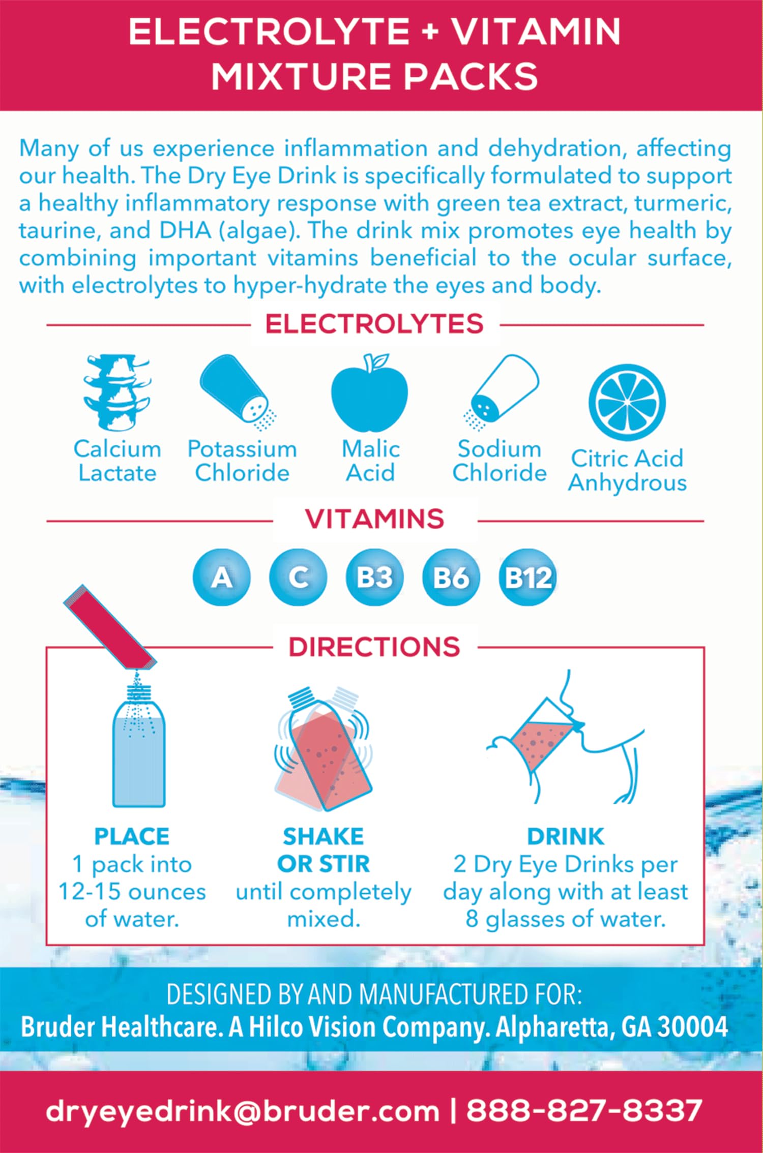 The Dry Eye Drink stick en mano que muestra tamaño portátil y fácil uso