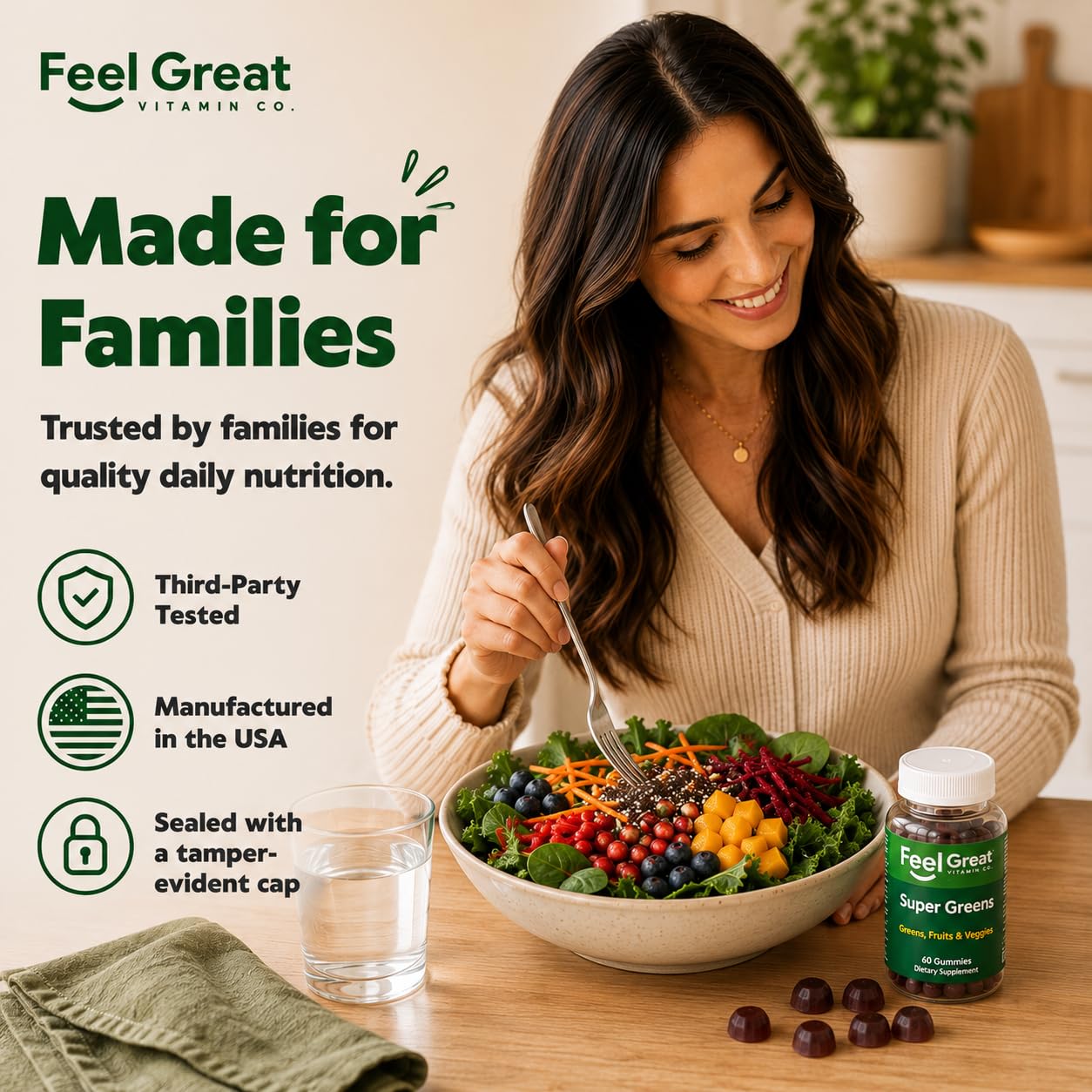 The Feel Great Vitamin Company etiqueta de ingredientes destacando ingredientes vegetales