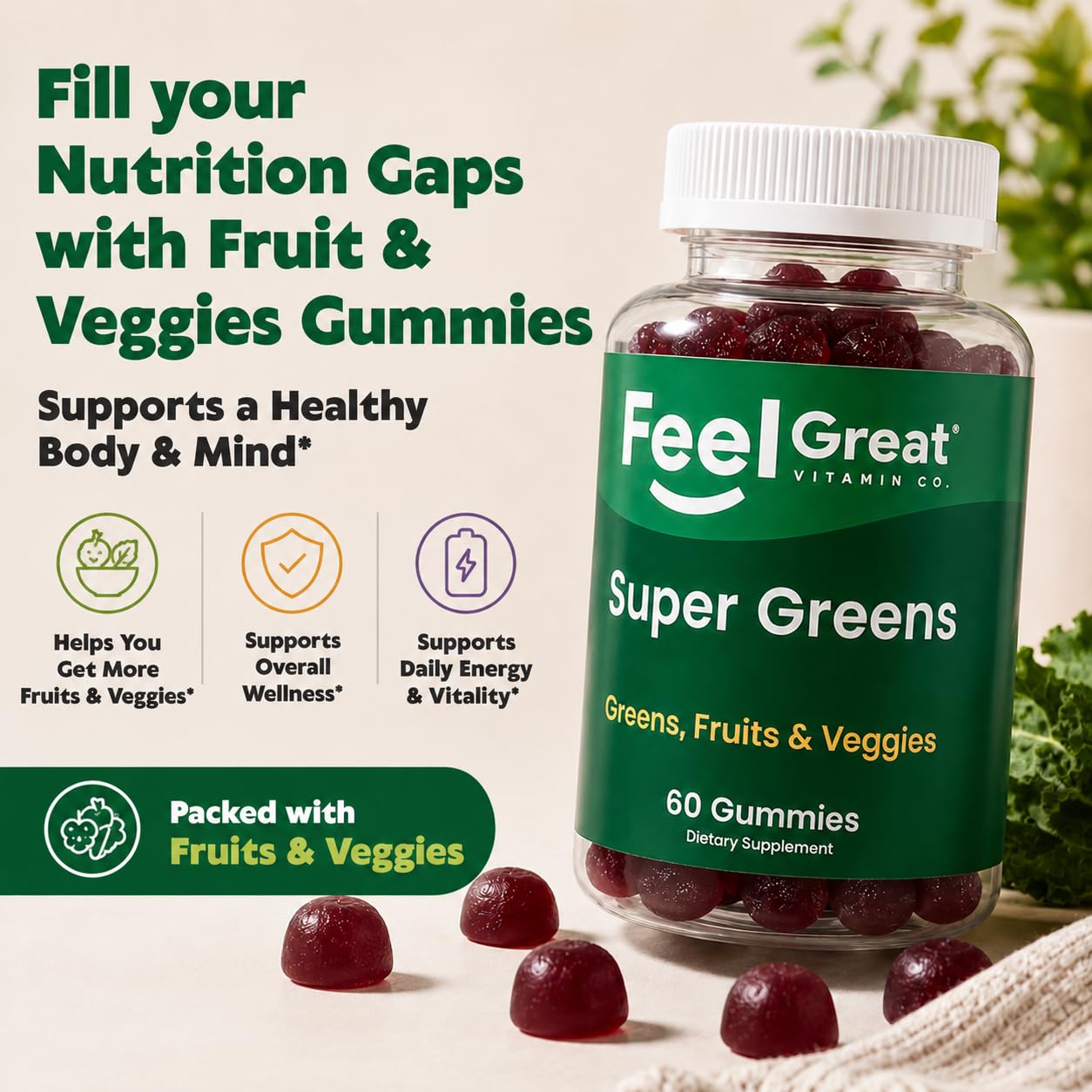 The Feel Great Vitamin Company textura de gominolas cerca, aspecto suave y apetecible