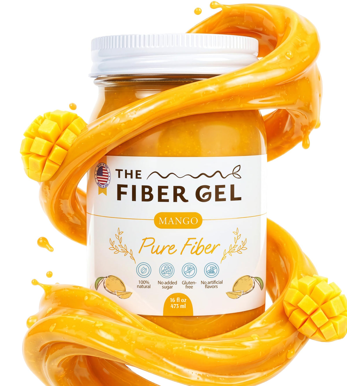 The Fiber Gel frasco delantero mango mostrando etiqueta y beneficio práctico