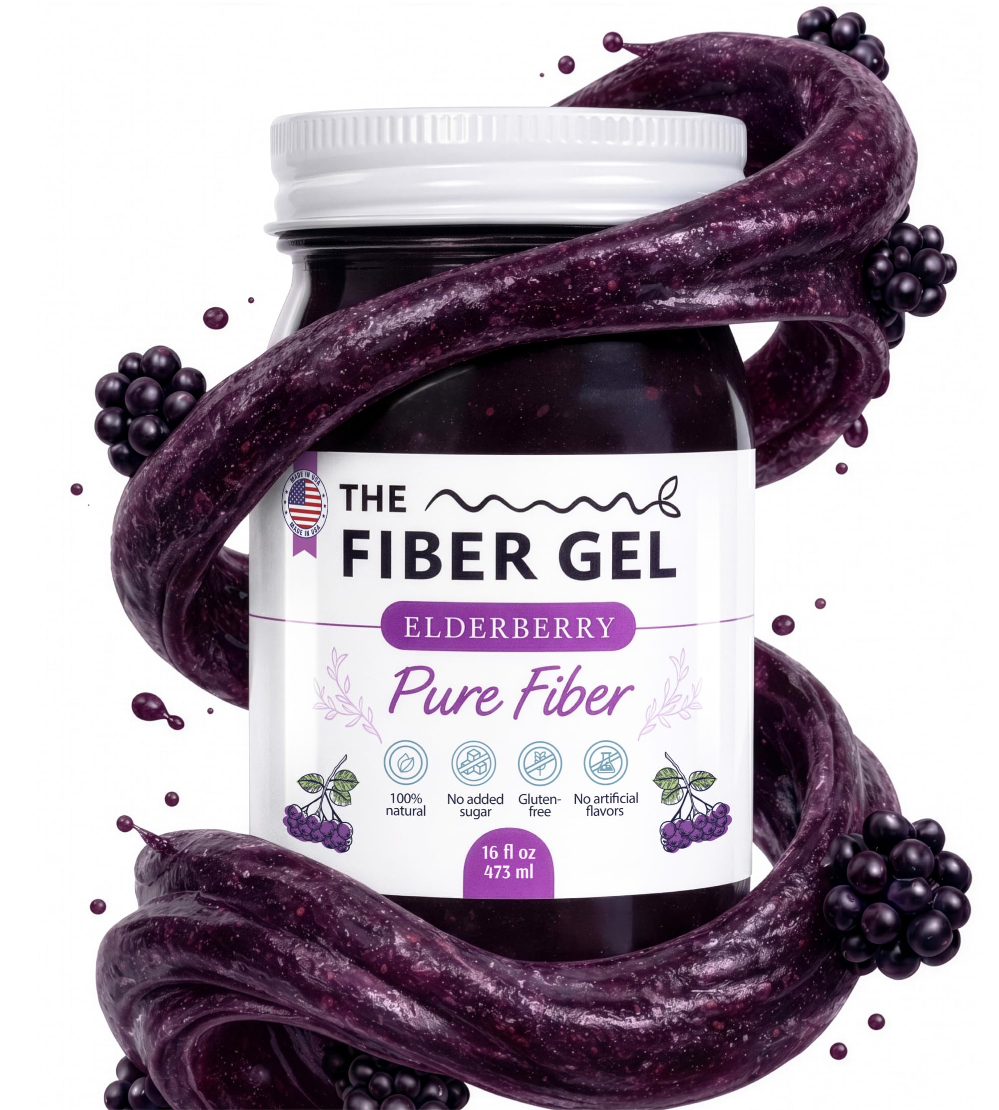 The Fiber Gel frente del envase mostrando sabor elderberry y ventaja lista para consumir