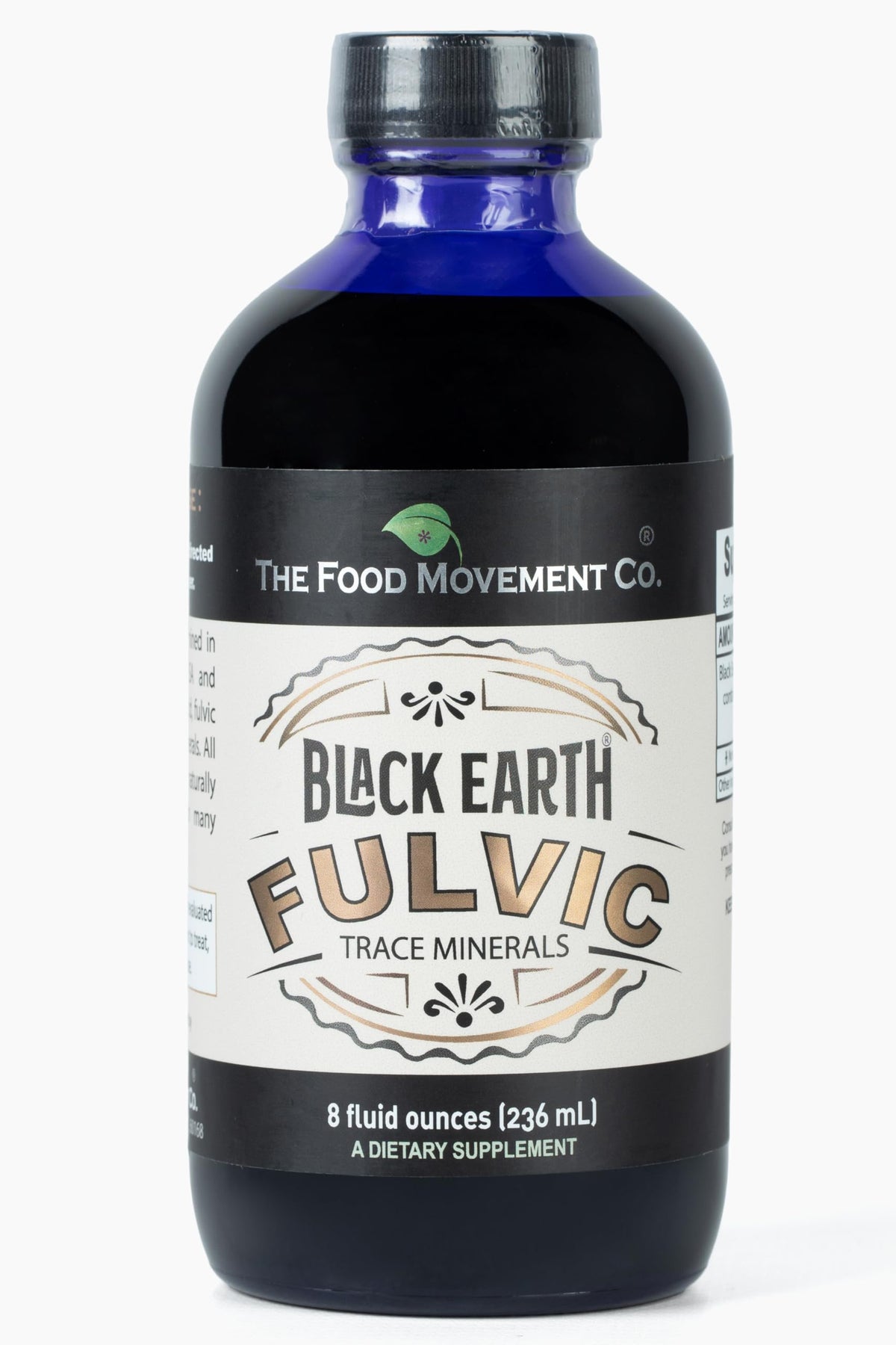 THE FOOD MOVEMENT CO. botella frontal del suplemento Black Earth, diseño claro y profesional