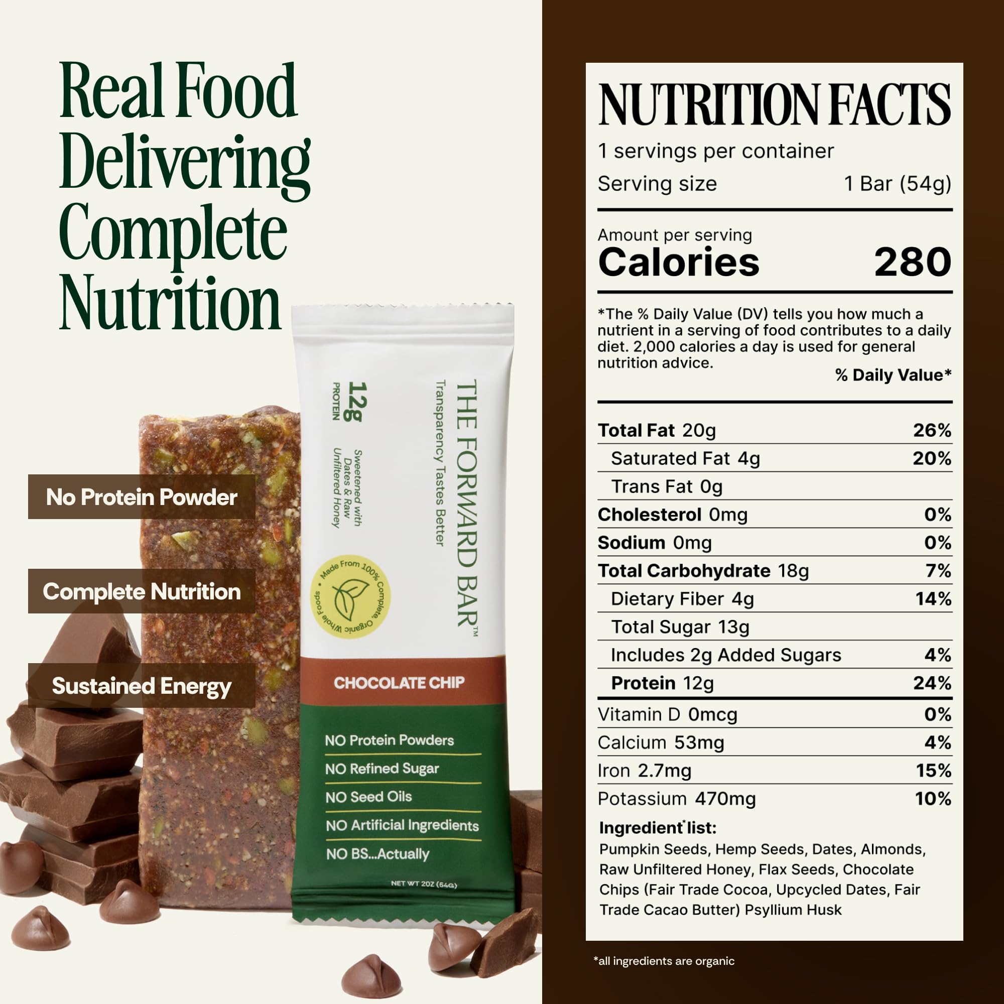 The Forward Bar barra entera sobre mesa mostrando textura y semillas, nutritiva