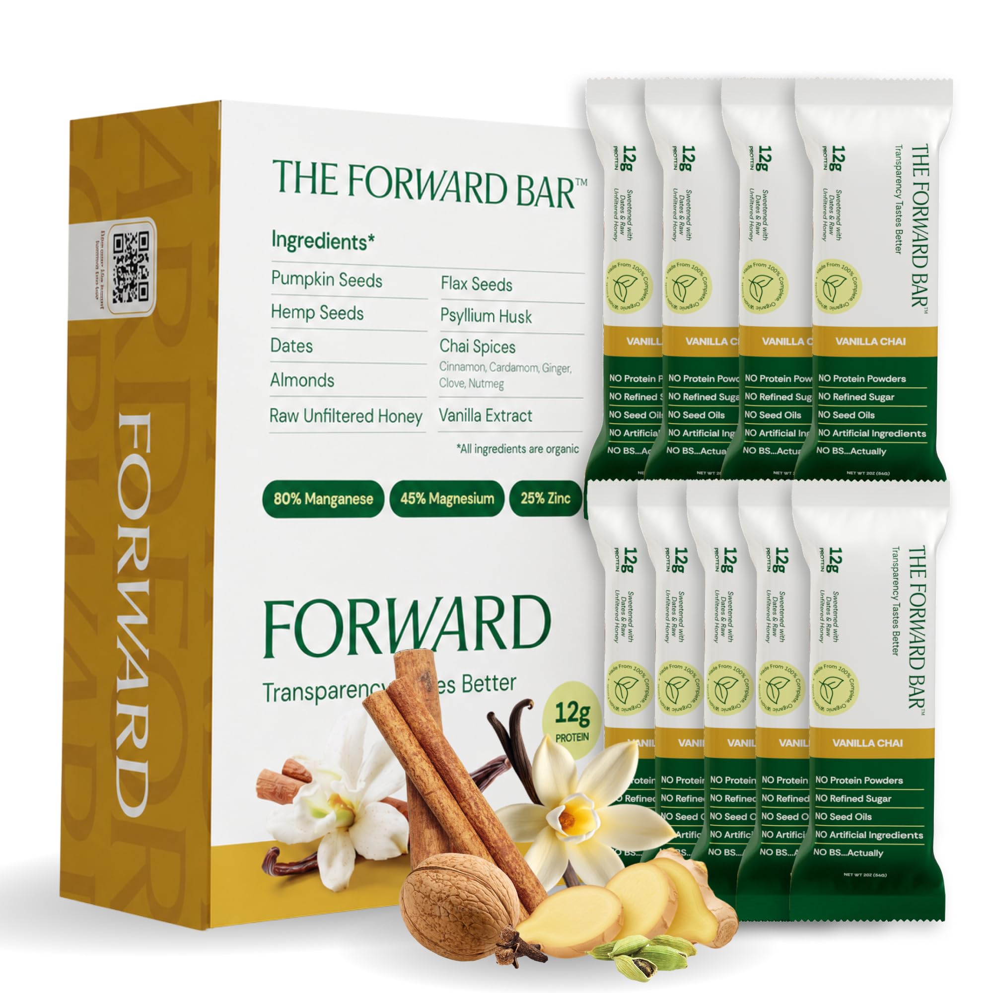 The Forward Bar frente del empaque mostrando sabor vainilla chai y beneficios