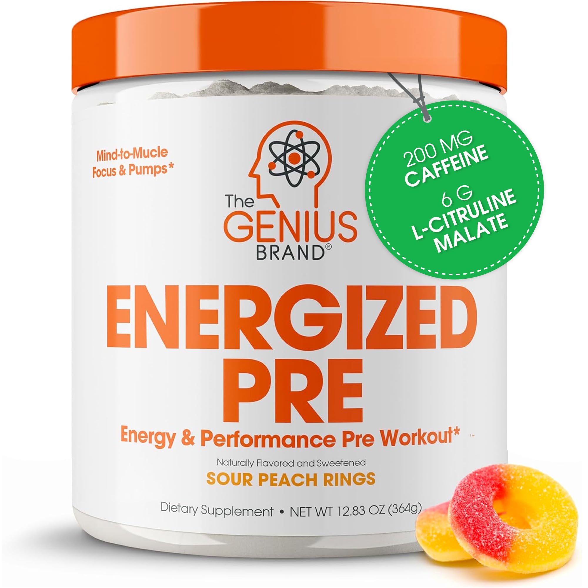 The Genius Brand envase frontal de Energized Pre mostrando diseño y porciones como guía