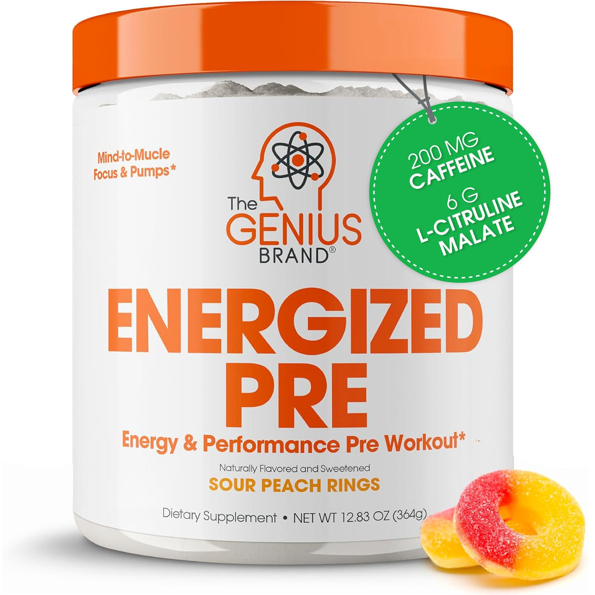 The Genius Brand envase frontal de Energized Pre mostrando diseño y porciones como guía
