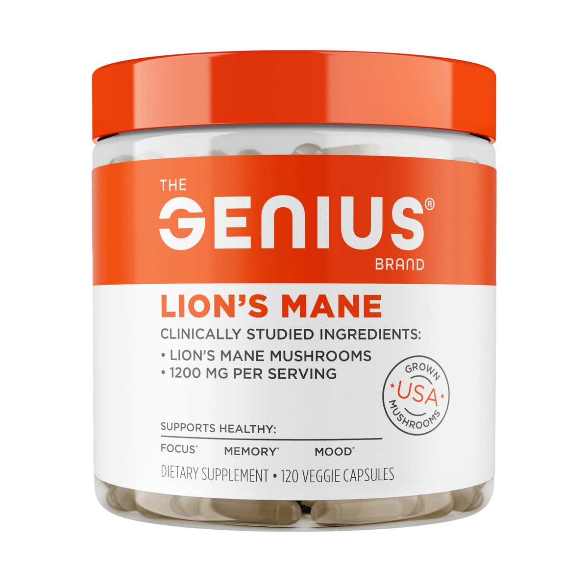 The Genius Brand frente del envase mostrando 120 cápsulas y claridad de ingredientes