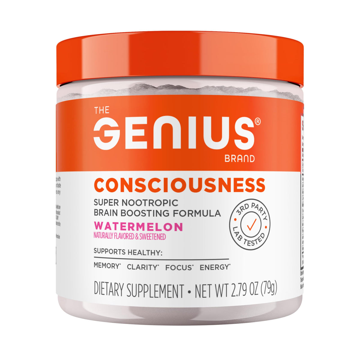 The Genius Brand frasco frontal del producto mostrando diseño y sabor watermelon