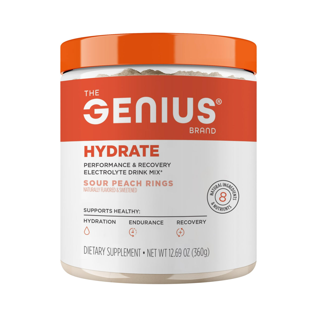 The Genius Brand envase frontal mostrando sabor Sour Peach Rings y beneficio hidratación