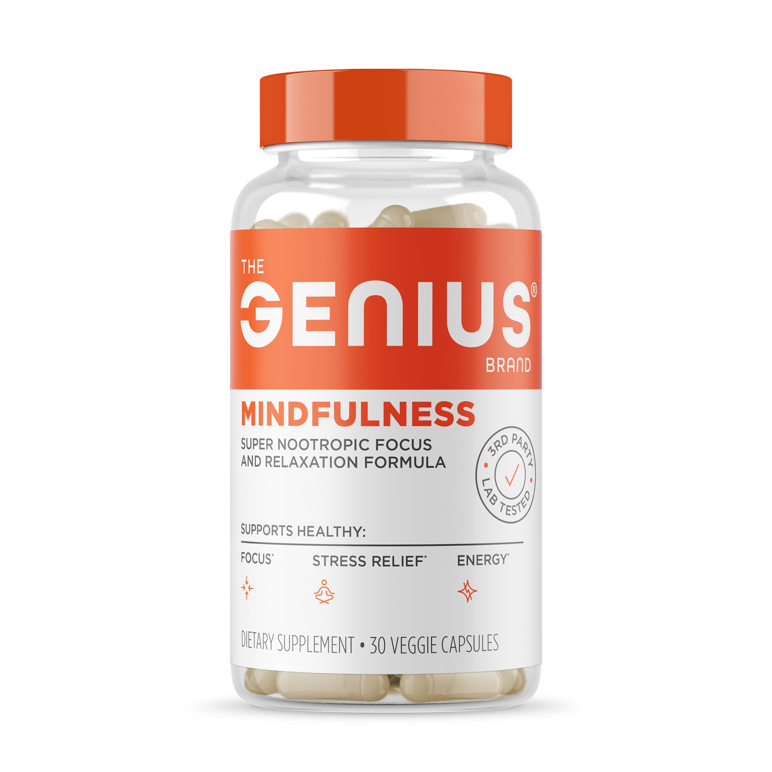 The Genius Brand frasco frontal mostrando diseño y beneficio de claridad