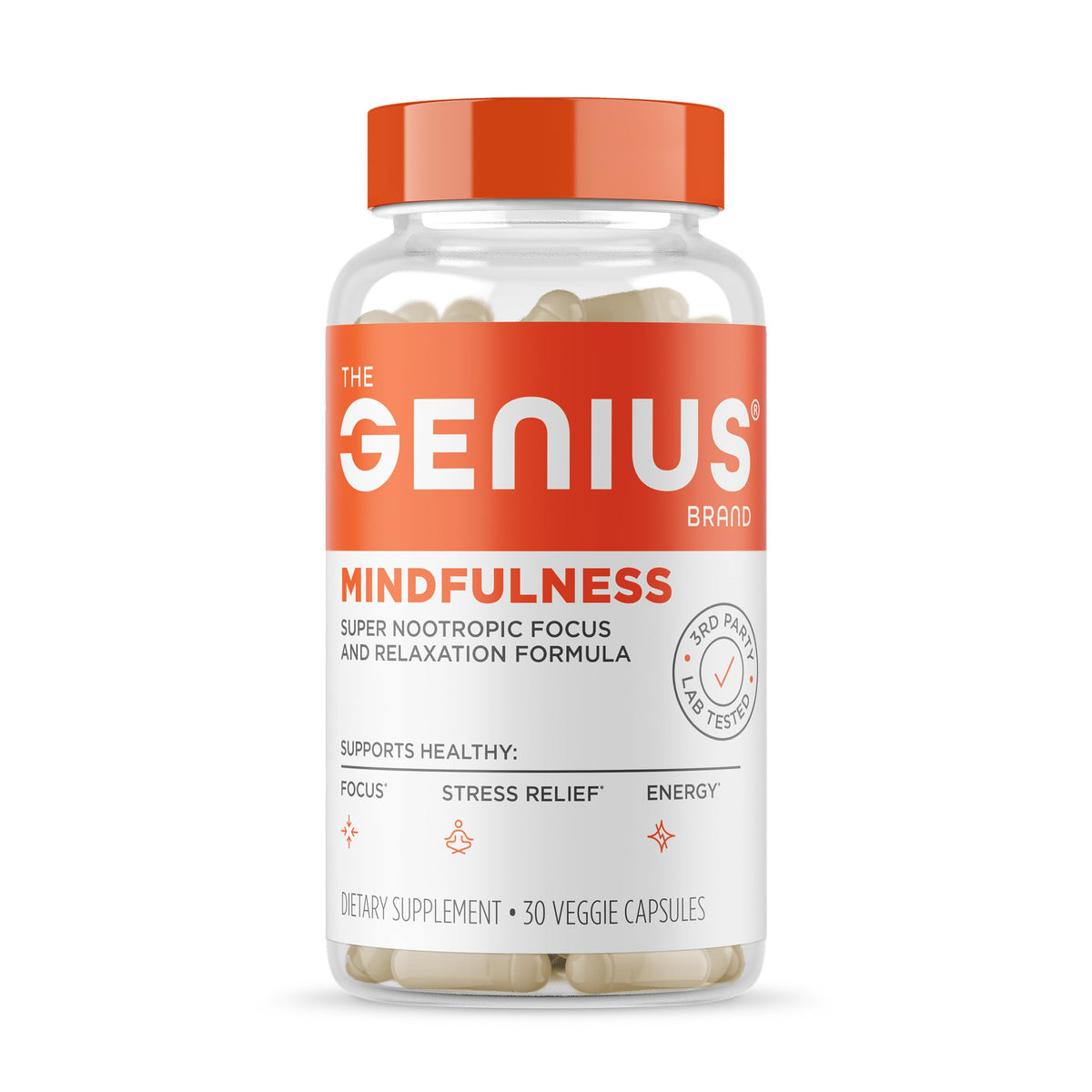 The Genius Brand frasco frontal mostrando diseño y beneficio de claridad