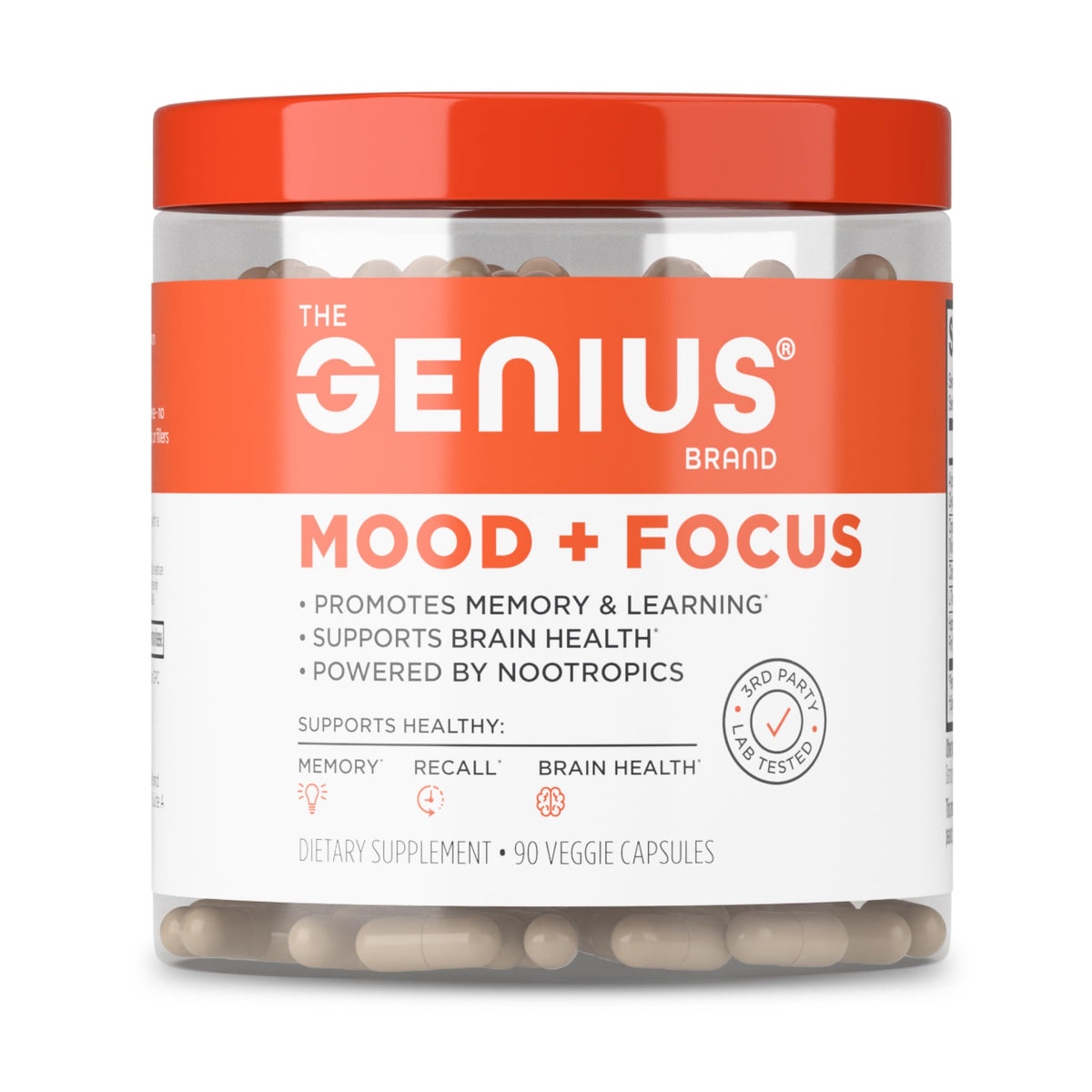 The Genius Brand frasco frontal con etiqueta clara y beneficios visibles