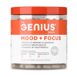 The Genius Brand frasco frontal con etiqueta clara y beneficios visibles
