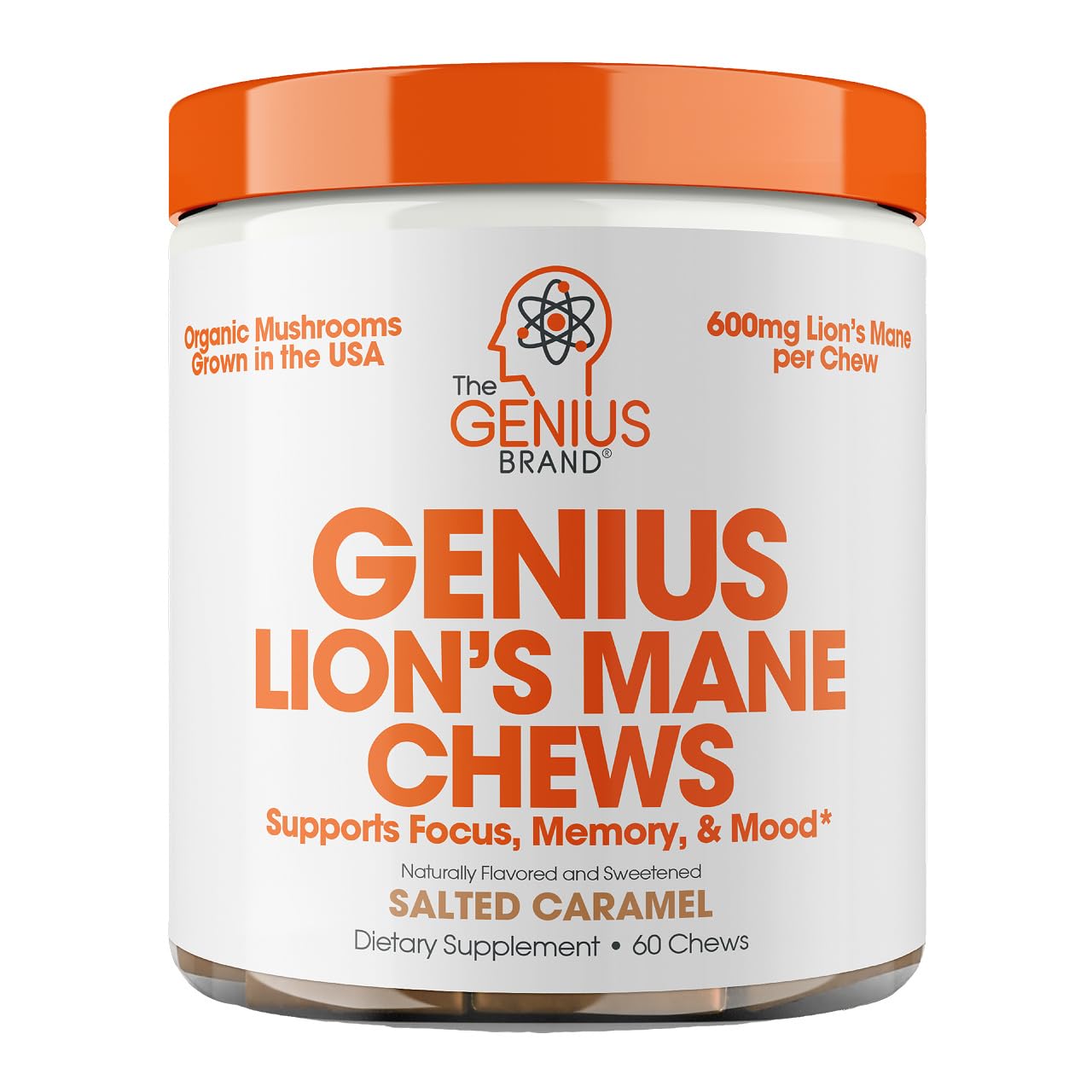 The Genius Brand frasco frontal mostrando 60 gomitas, beneficio conveniencia