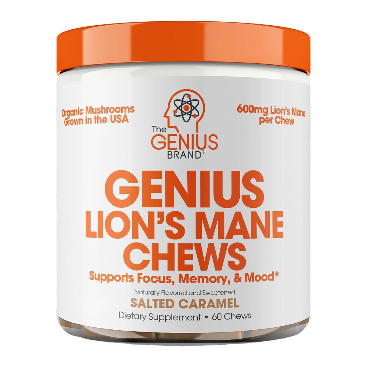 The Genius Brand frasco frontal mostrando 60 gomitas, beneficio conveniencia