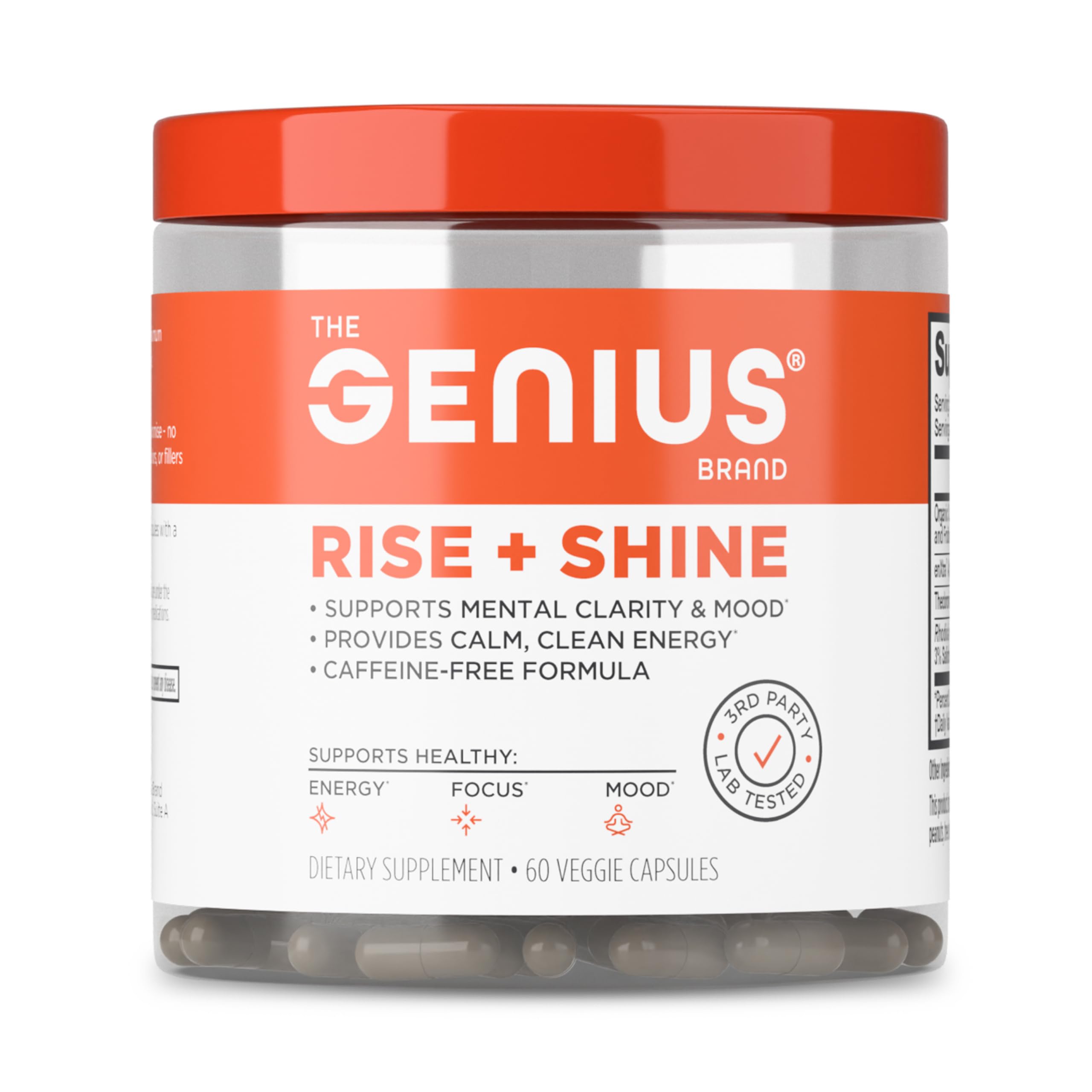 The Genius Brand envase frontal mostrando fórmula sin cafeína y claridad