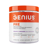 The Genius Brand vaso con mezcla antes de entreno indicando cómo preparar y usar