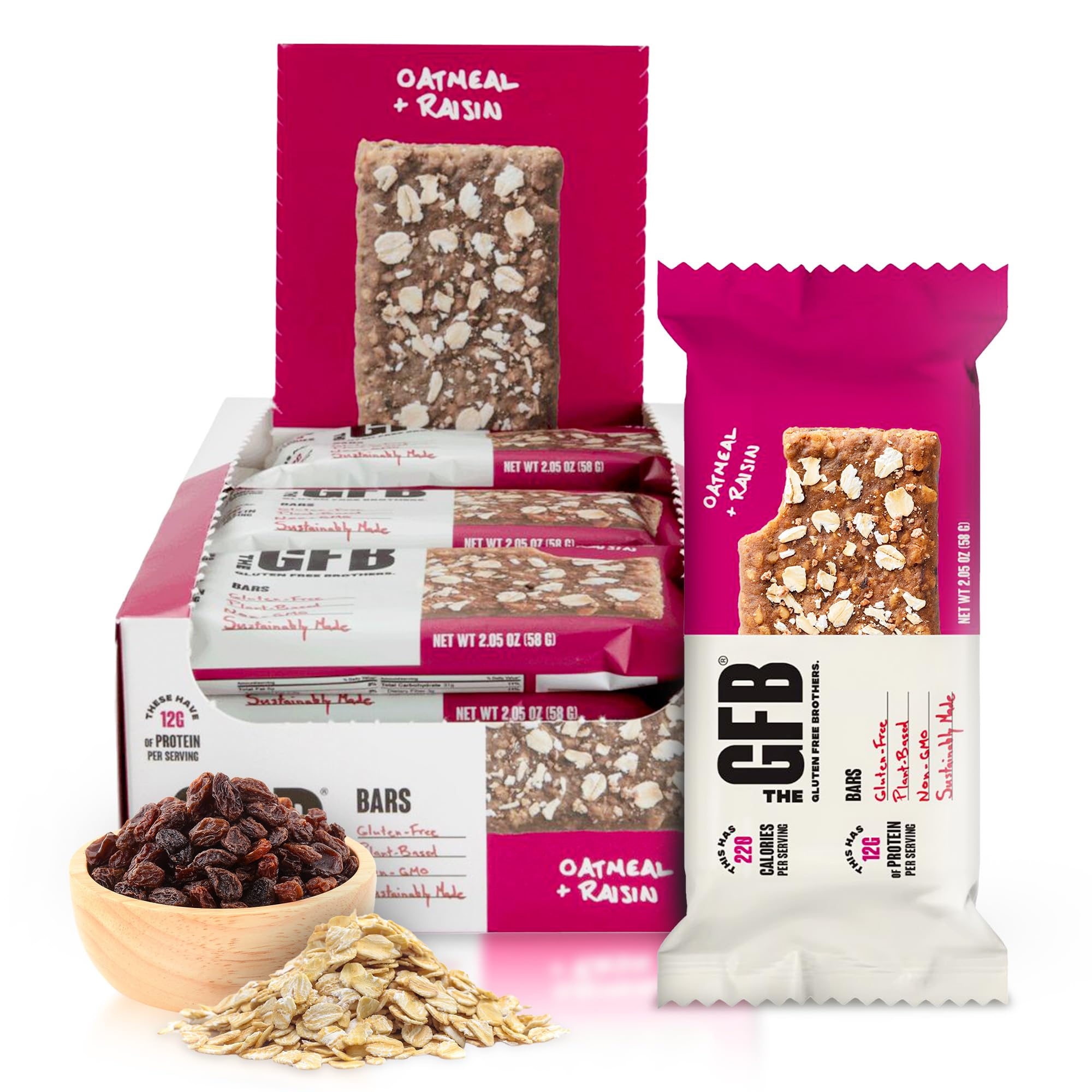 The GFB empaque frontal de barras avena y pasas mostrando marca y beneficios nutritivos
