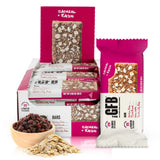 The GFB empaque frontal de barras avena y pasas mostrando marca y beneficios nutritivos