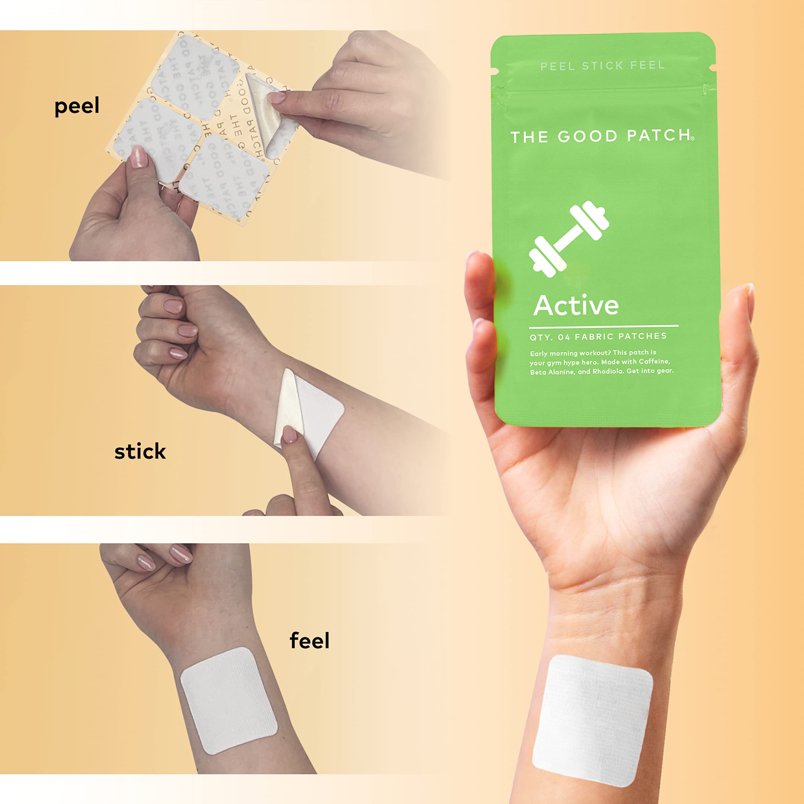 The Good Patch parche junto a mano para comparar tamaño y portabilidad