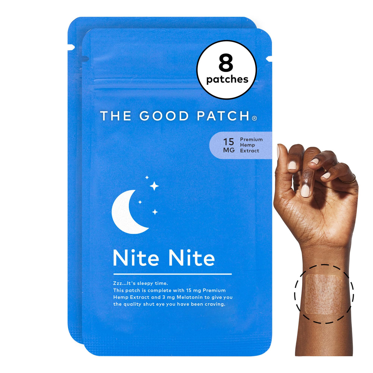 The Good Patch paquete frontal mostrando 8 parches y beneficios de uso