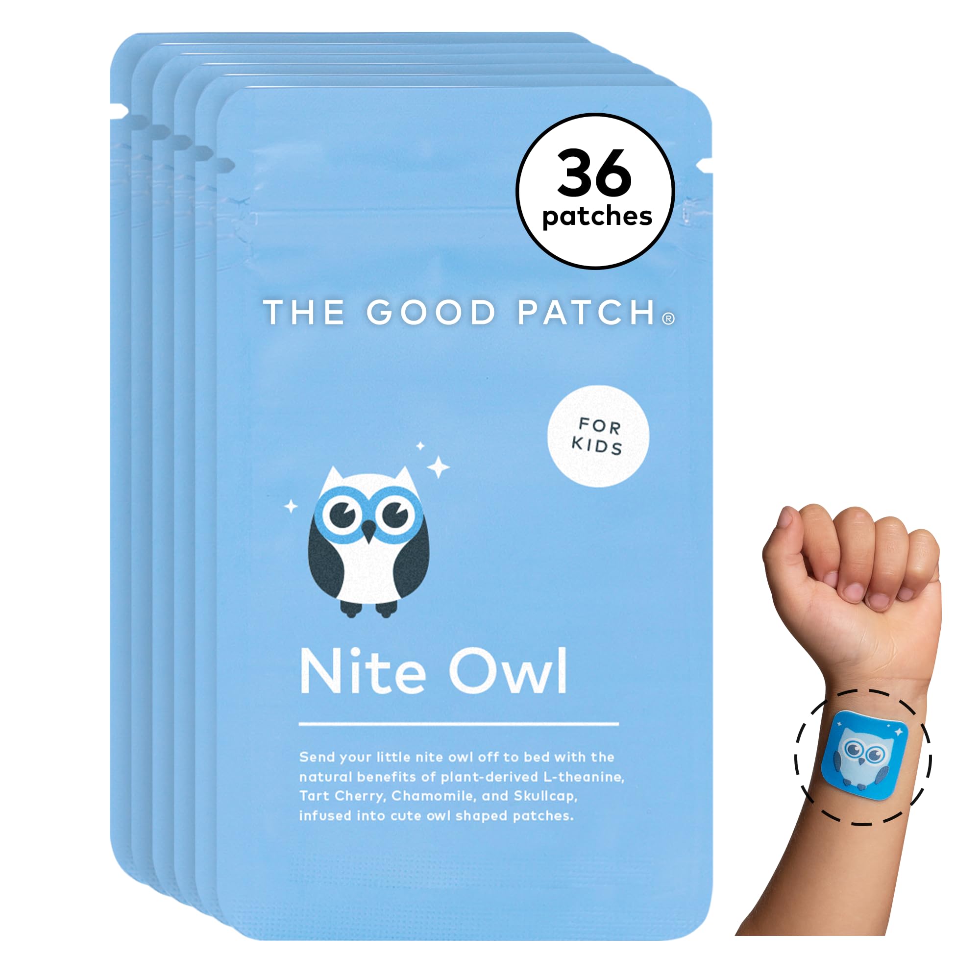 The Good Patch caja frontal mostrando diseño de búho y beneficios