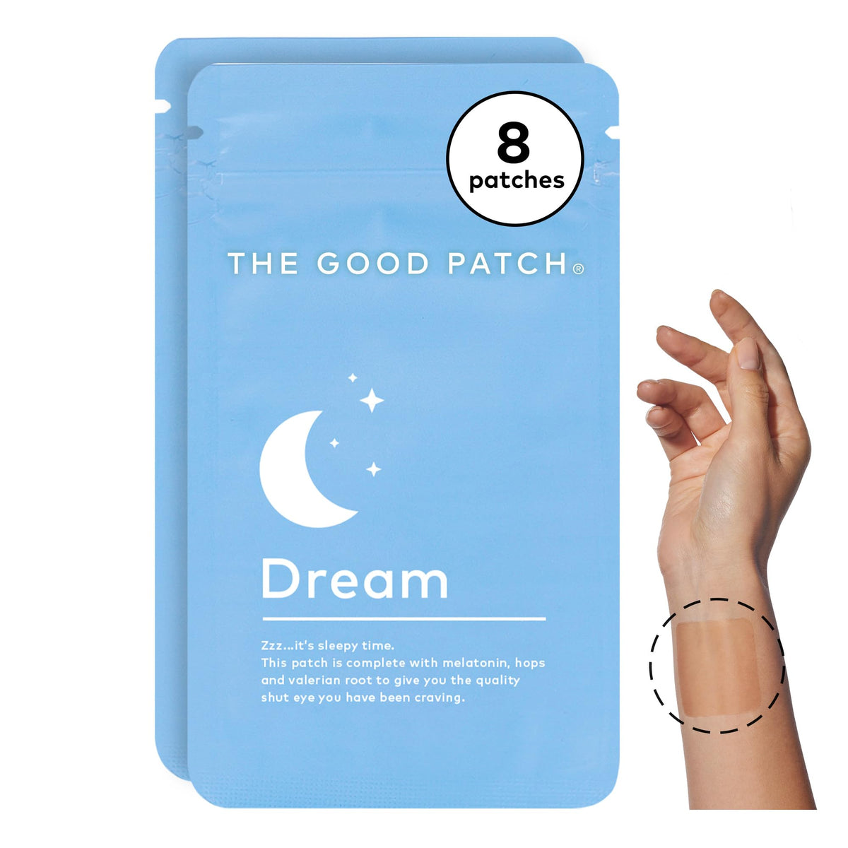 The Good Patch parche frontal mostrando diseño y adhesivo, fácil aplicación nocturna
