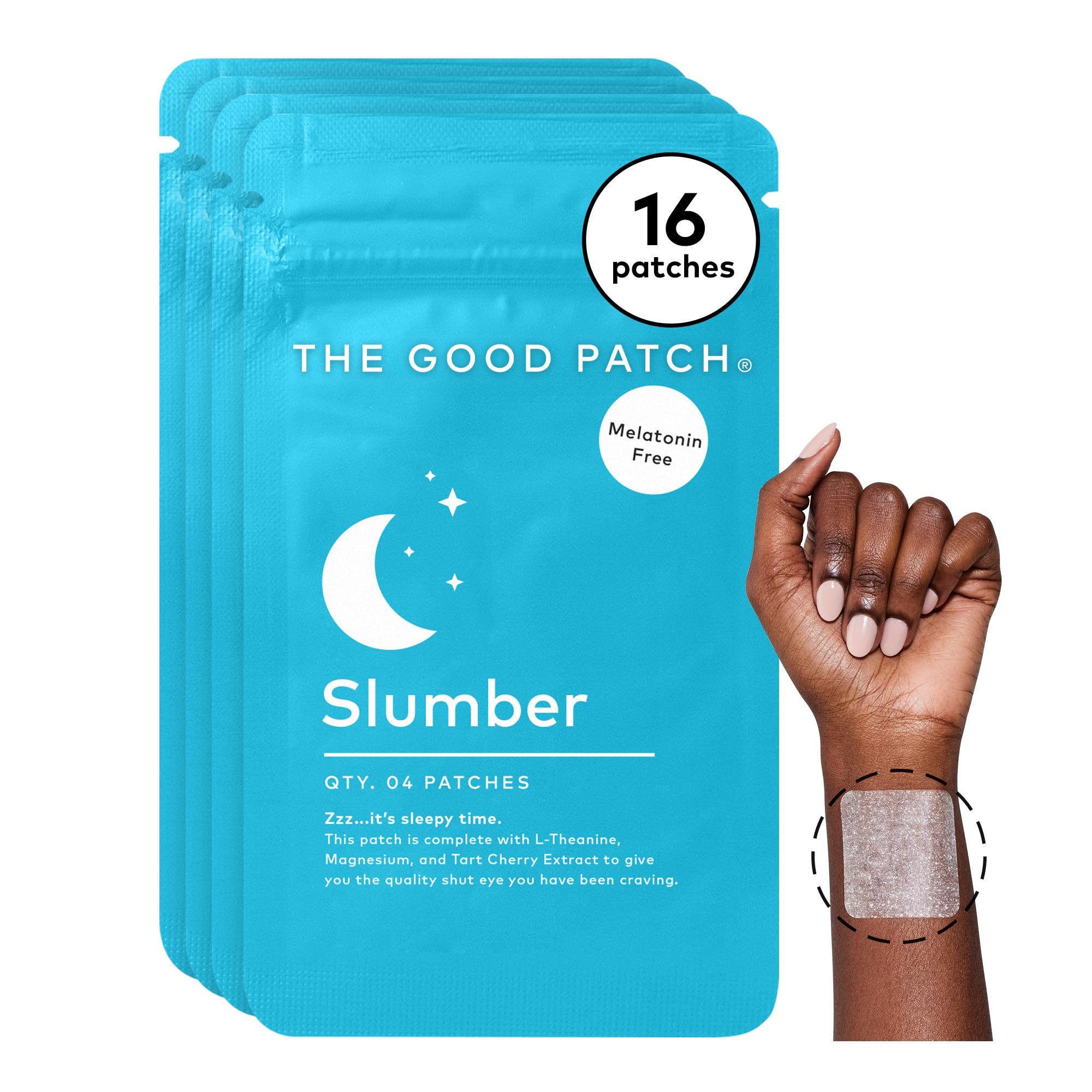 The Good Patch empaque frontal que muestra 16 parches y beneficios